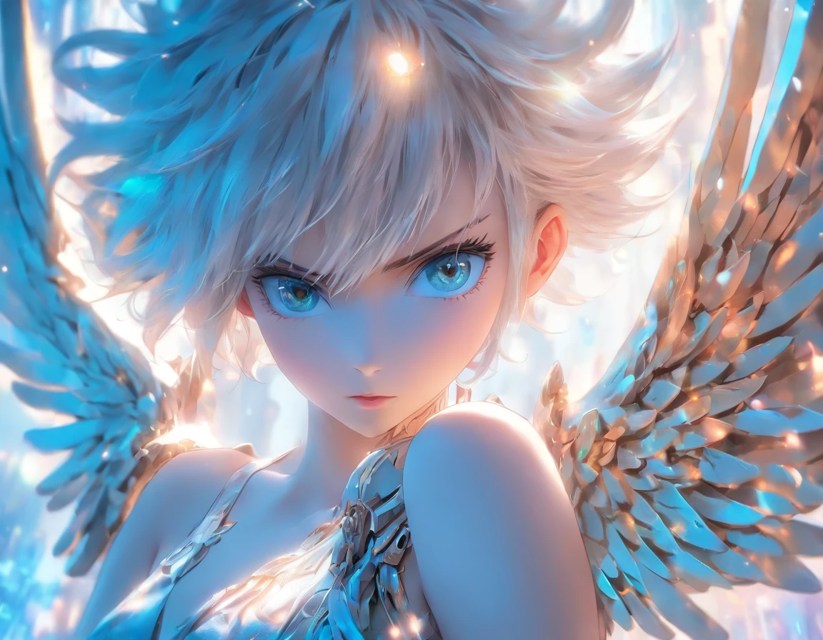 Girl with short-cut silver hair, Confident expression, Weapons of all kinds, born endlessly from the wings of a mechanised angel, swooning in a whitish pale blue dress.