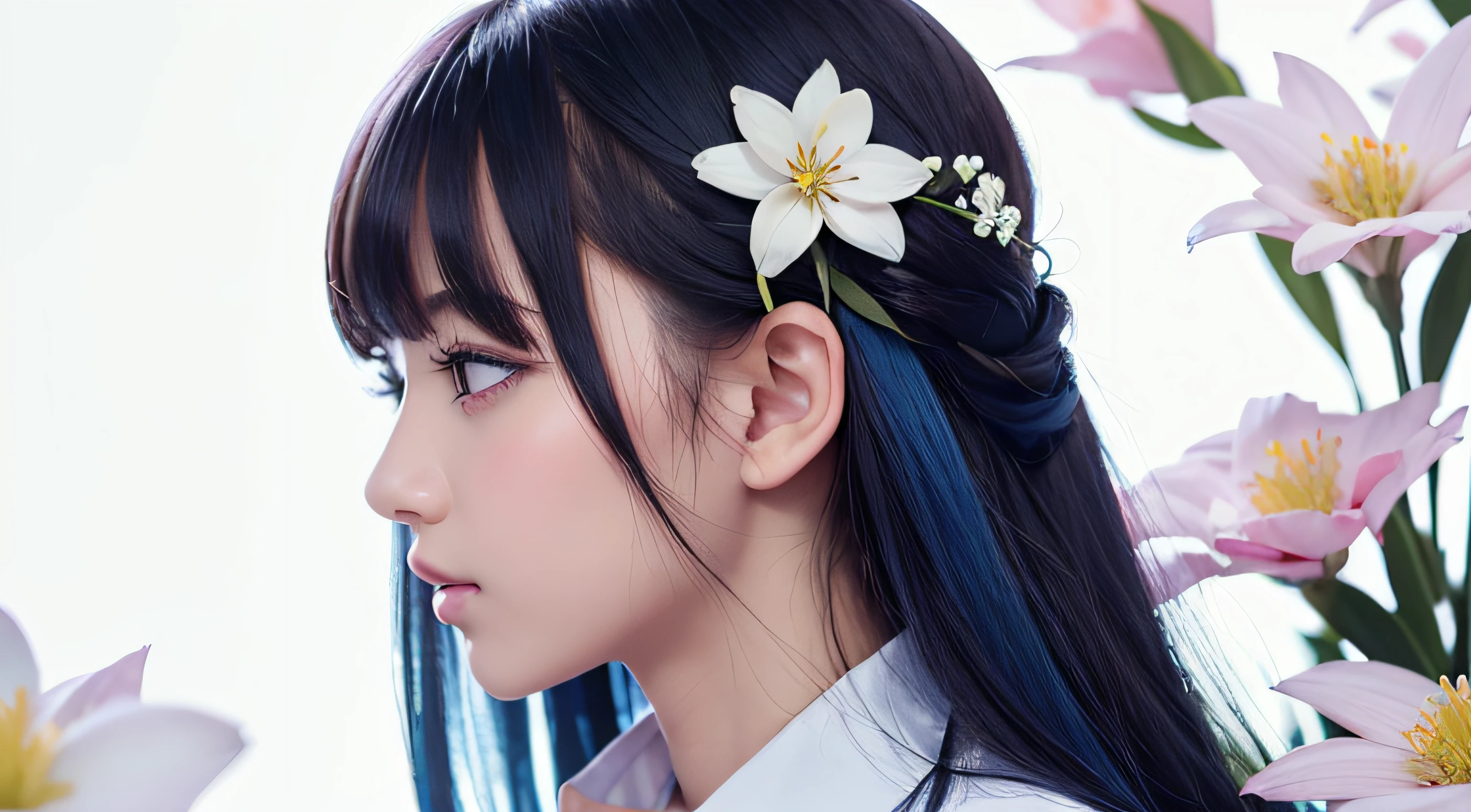 Best Quality, masutepiece, Extremely detailed, Detailed background, 1girl in, Solo, Long hair, flower, Blue hair, White background, pink flowers, Simple background, profile, Upper body, Shirt, White shirt, white blossoms, Bow, Bangs, Purple eyes, fronds, blush