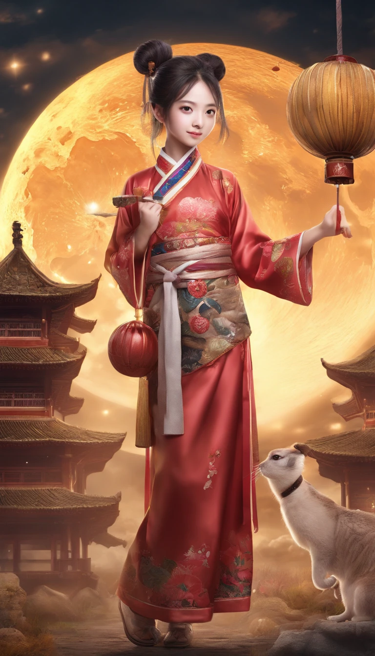 Mid-Autumn Festival,A cute girl,Wear ancient Chinese clothing,Play with rabbits next to girls,Moon cake,Auspicious clouds,Behind the huge moon,warm color,Disney style,Clear contour illumination,rim-light,fanciful,spotlight lights,中景 the scene is