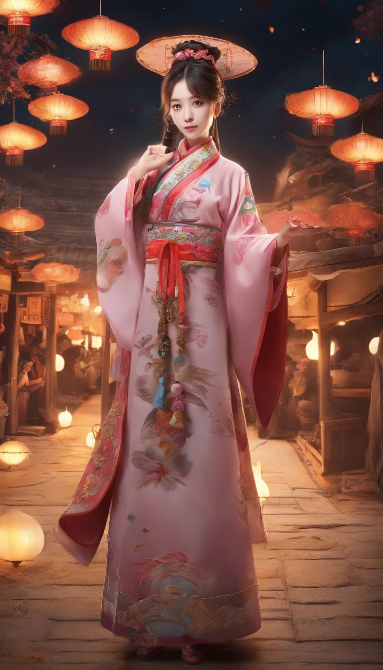 Mid-Autumn Festival,A cute girl,Wear ancient Chinese clothing,Play with rabbits next to girls,Moon cake,Auspicious clouds,Behind the huge moon,warm color,Disney style,Clear contour illumination,rim-light,fanciful,spotlight lights,中景 the scene is