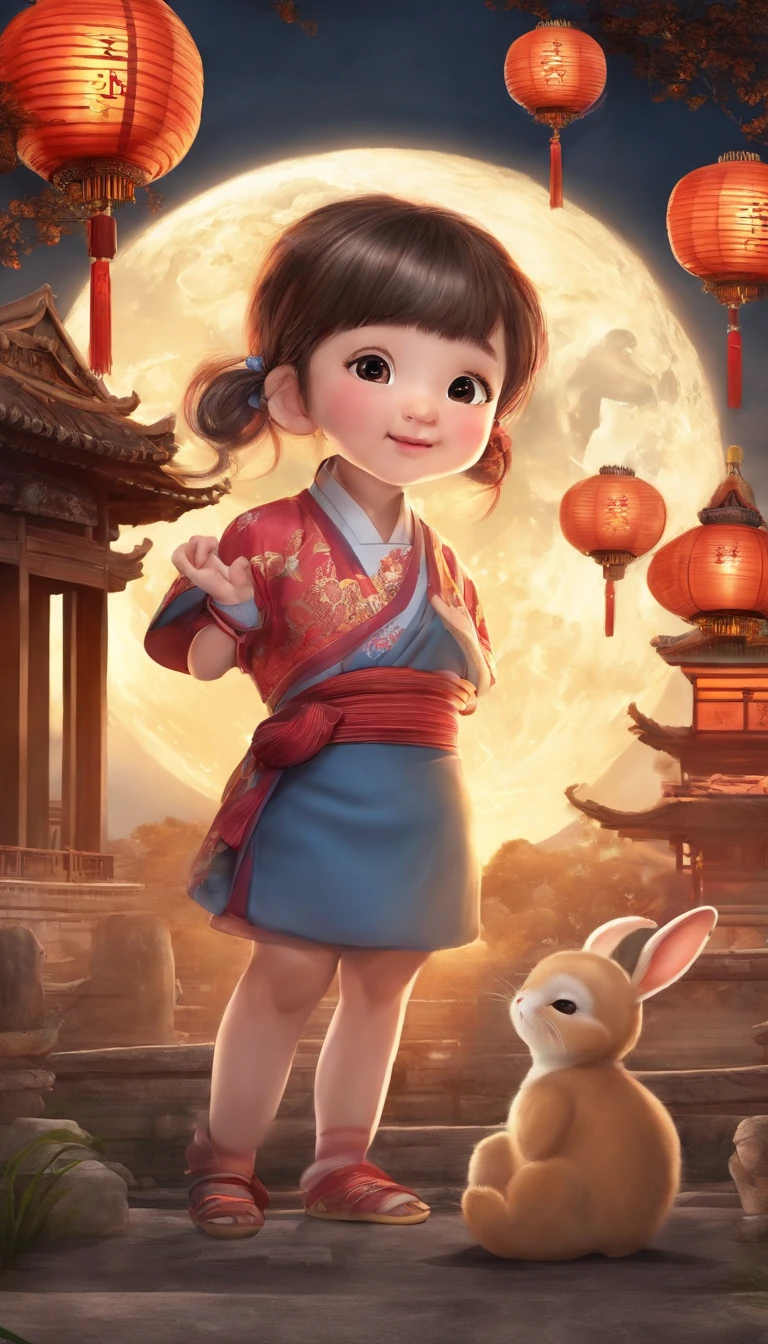 Mid-Autumn Festival,A cute girl,Wear ancient Chinese clothing,Play with rabbits next to girls,Moon cake,Auspicious clouds,Behind the huge moon,warm color,Disney style,Clear contour illumination,rim-light,fanciful,spotlight lights,中景 the scene is