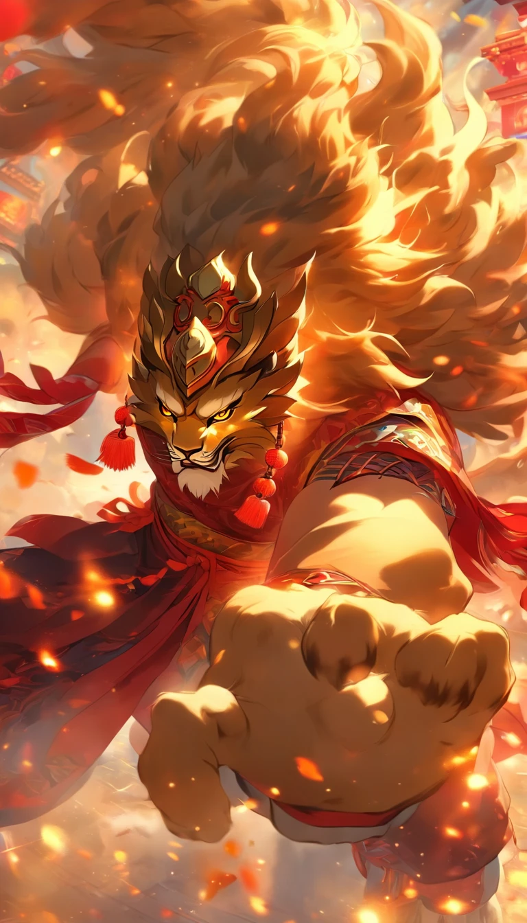 Traditional Chinese culture,Guangzhou characteristics,1girll,The facial features are delicate and beautiful,The black and red lion head is worn on the head,Wave the lion's head with both hands,jubilation,The lion's eyes sparkled,lion dance,Awaken the lion's head