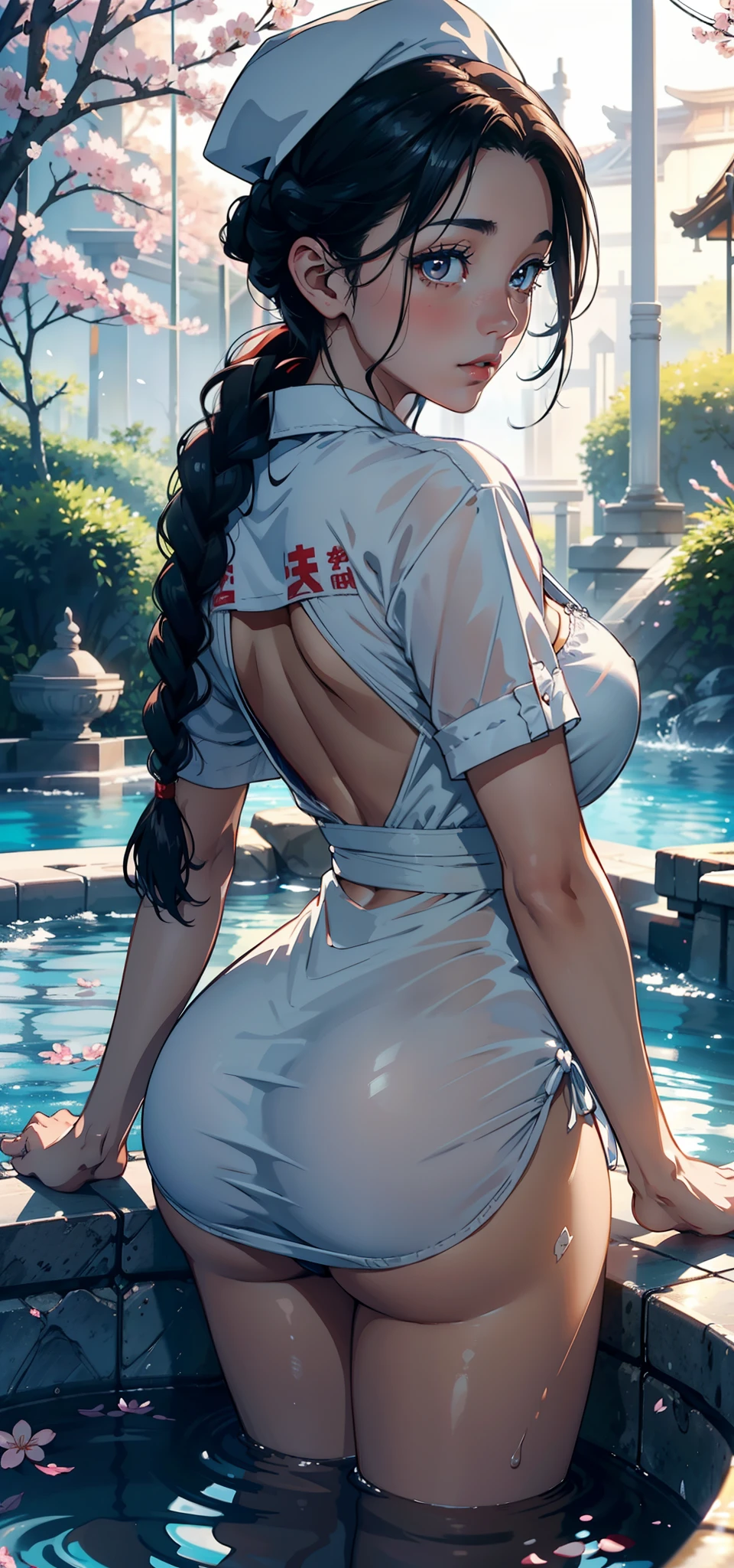 1female，35yo，plumw，extremely large bosom， 独奏，（Background with：，Cherry blossom forest，Deep in the forest，hospitals，）Sit on a stone in the pool， She has short black hair，standing on your feet，seen from the front， Twist braids， mostly cloudy sky，（（（tmasterpiece），（Very detailed CG unity 8K wallpaper），best qualtiy，cinmatic lighting，detailed back ground，beatiful detailed eyes，Bright pupils，Black eyes，Snow-whiteskin，Redlip（Very fine and beautiful），（Beautiful and detailed eye description），ultra - detailed，tmasterpiece，））facing at camera，A high resolution，ultra - detailed），revealing breasts，Bare genitalia，  Bulge，legs are open，Raised sexy，Camel toes，Flushed complexion，Desire for dissatisfaction，frontage，nurses，White transparent apron，Nurse hat，Red Cross Mark