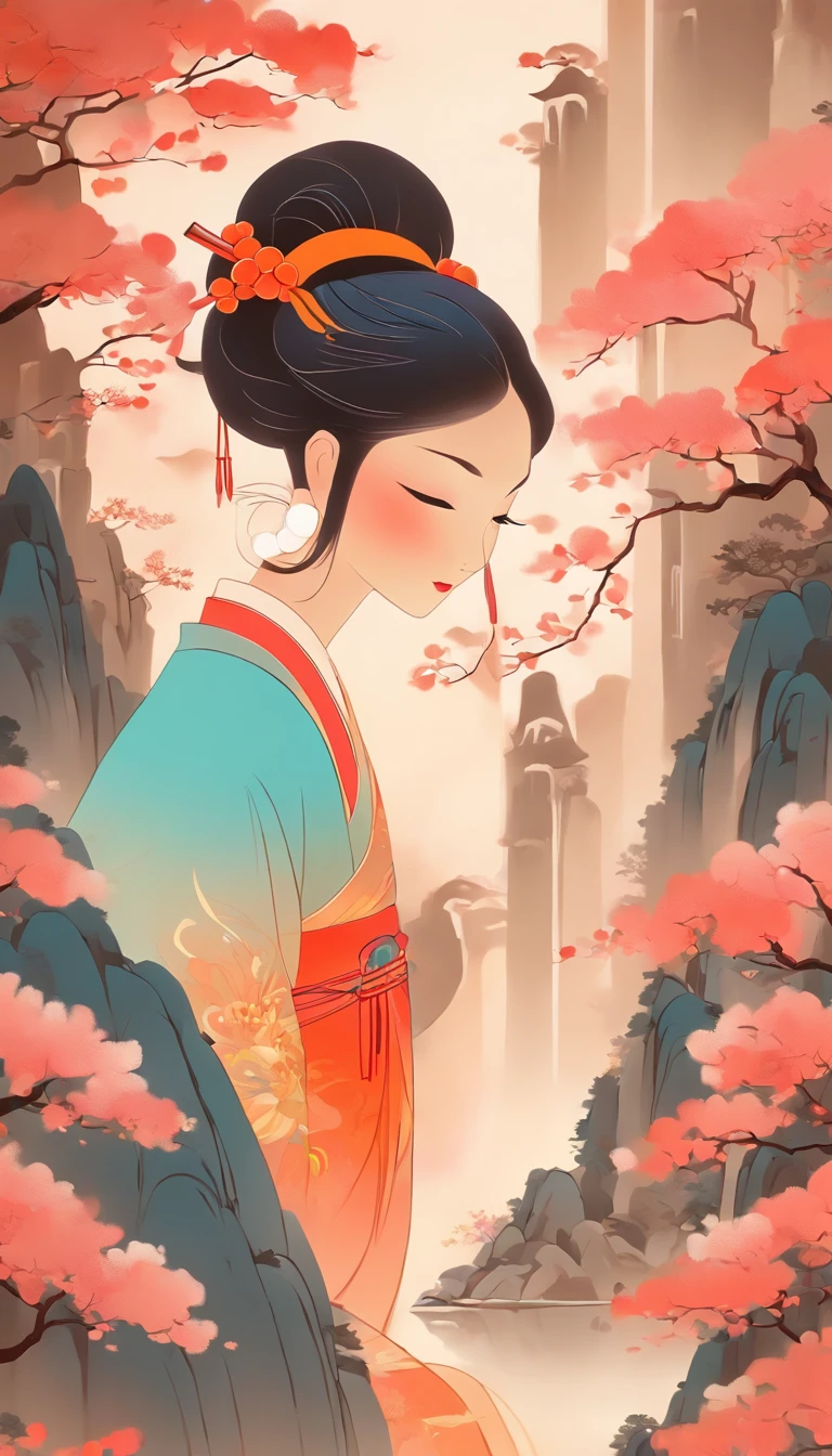 A Chinese woman，Chinese landscape, abstract paintings, Zen, Amy Sol style, With a cover art of light abstraction, Simple vector art, Contemporary Chinese art, Gradient of color, Soft color palette, layered forms, Whimsical animation, The style is ethereal and abstract