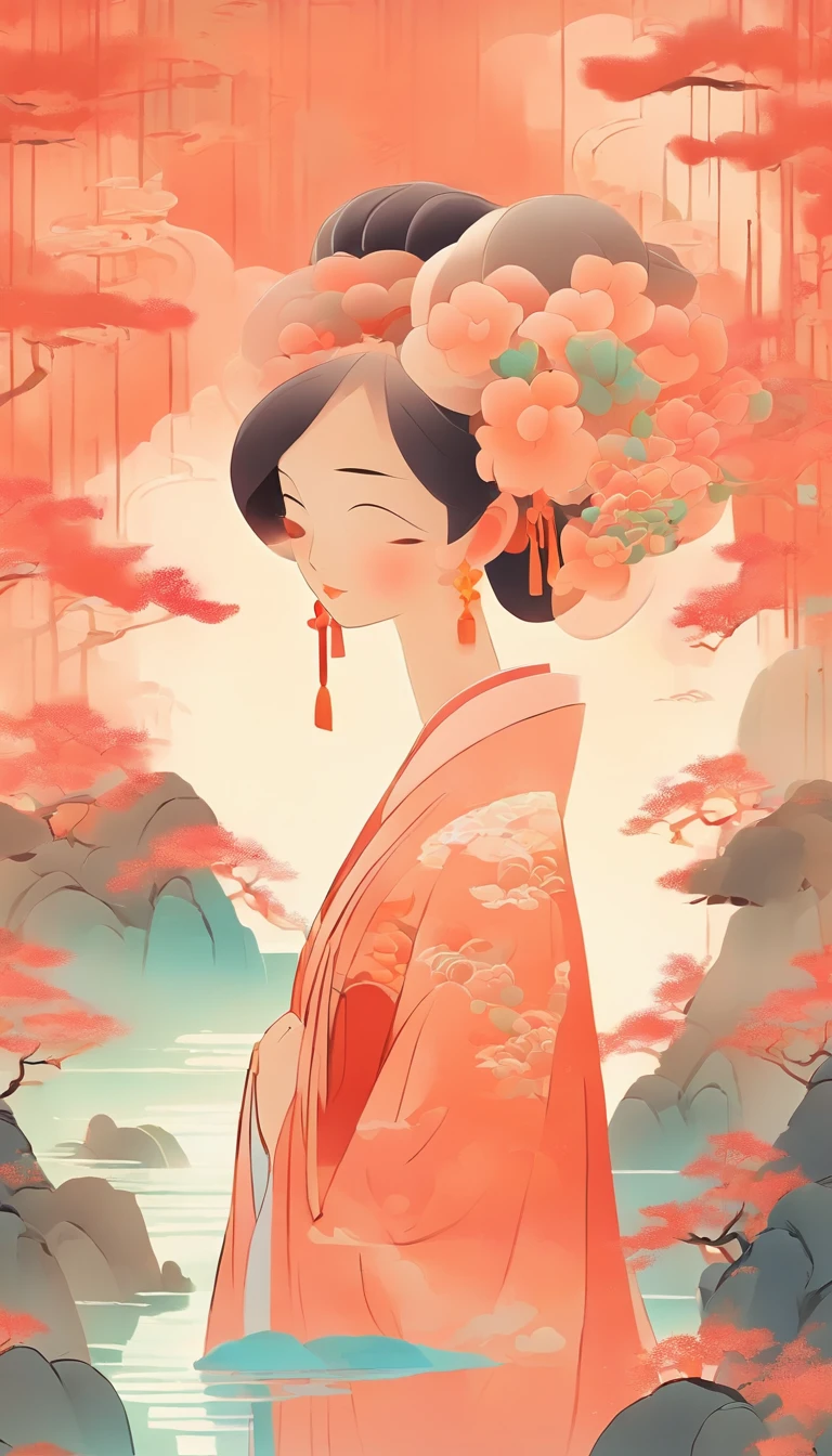 A Chinese woman,Chinese landscape, abstract paintings, Zen, Amy Sol style, With a cover art of light abstraction, Simple vector art, Contemporary Chinese art, Gradient of color, Soft color palette, layered forms, Whimsical animation, The style is ethereal and abstract