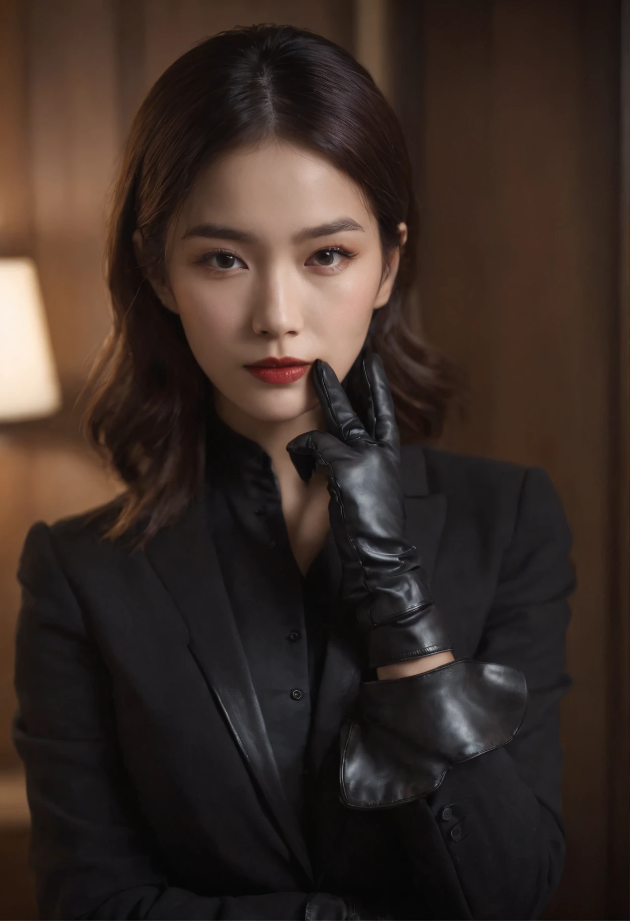 A woman wearing a men's three-piece suit with a black shirt, wearing black leather gloves in both hands, a Japanese girl, a dark hotel room