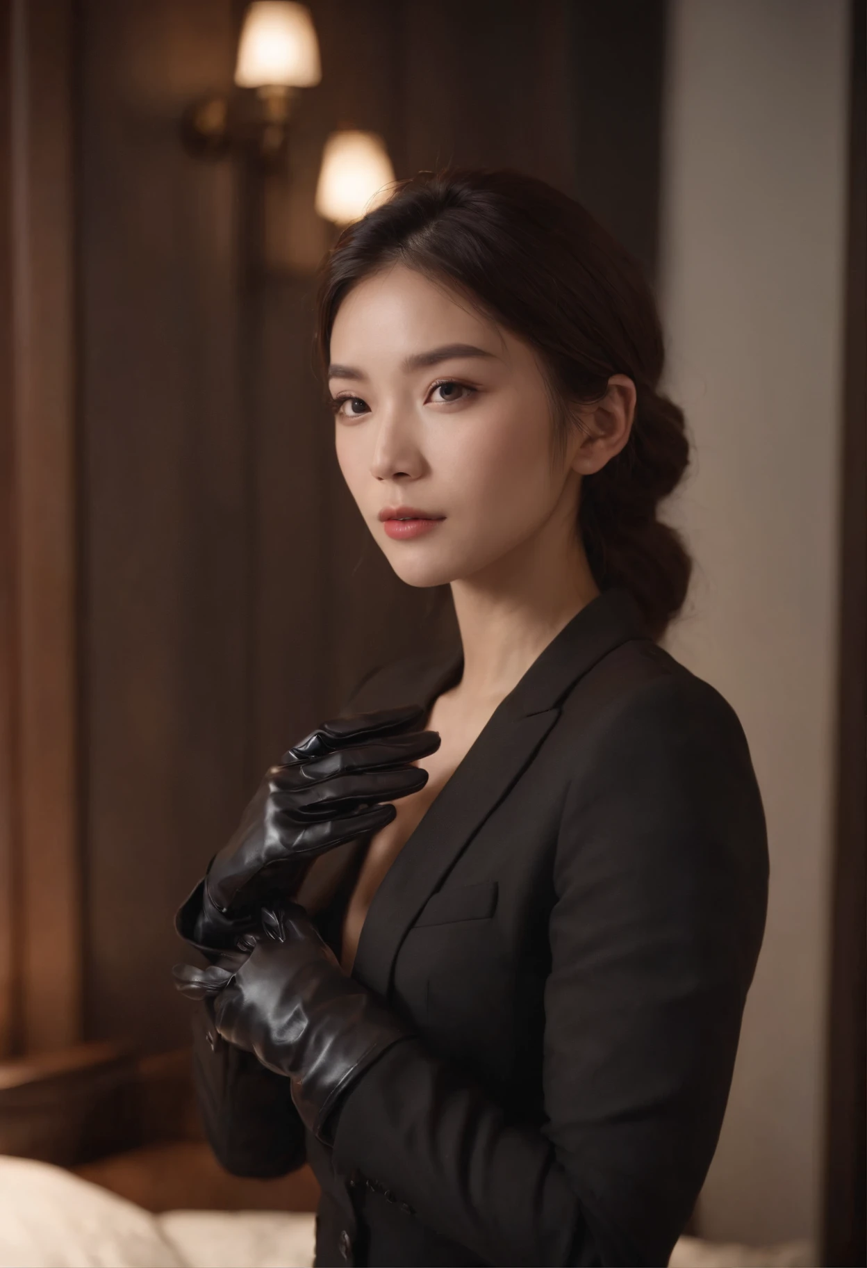 A woman wearing a men's three-piece suit with a black shirt, wearing black leather gloves in both hands, a Japanese girl, a dark hotel room