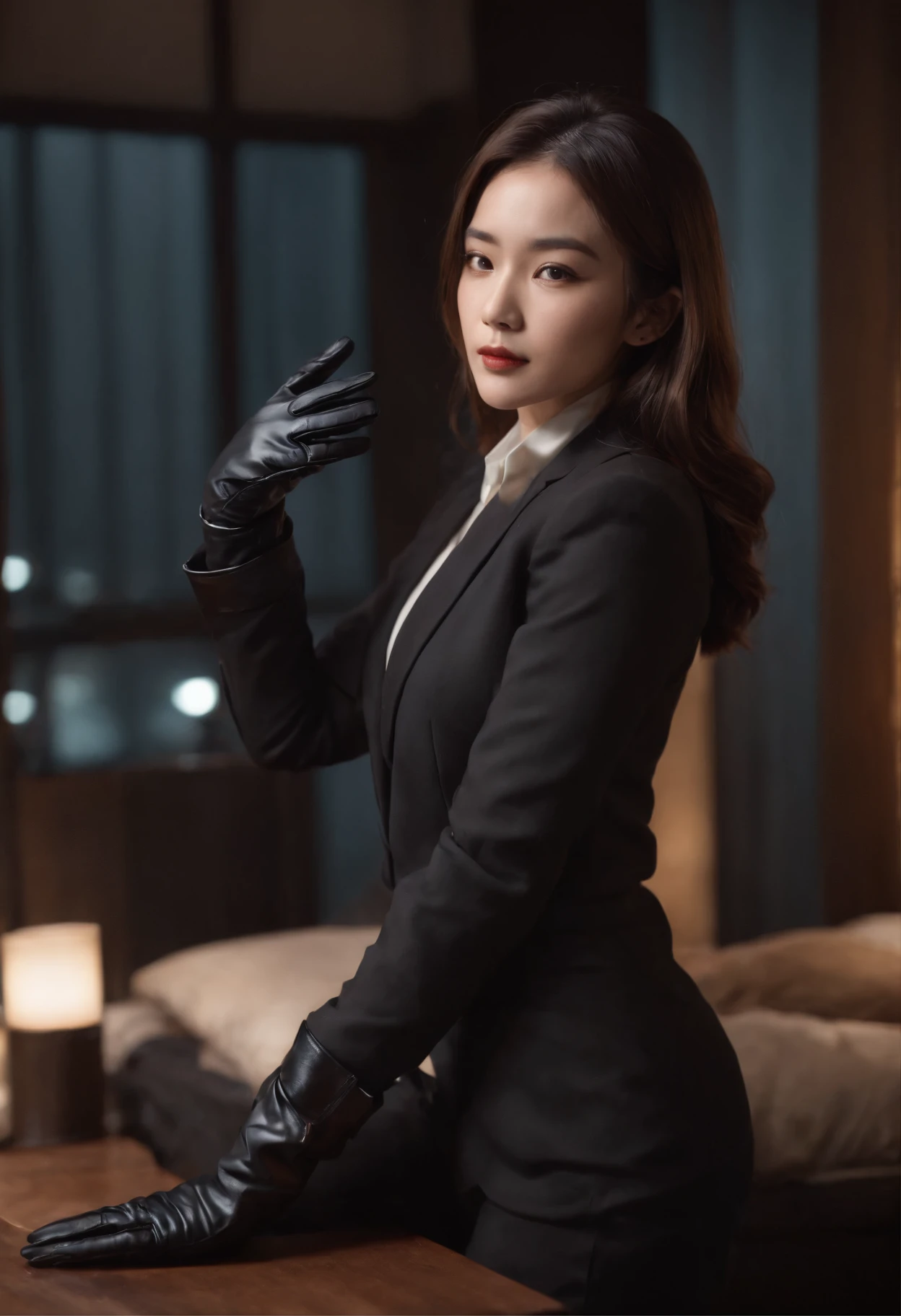 A woman wearing a men's three-piece suit with a black shirt, wearing black leather gloves in both hands, a Japanese girl, a dark hotel room