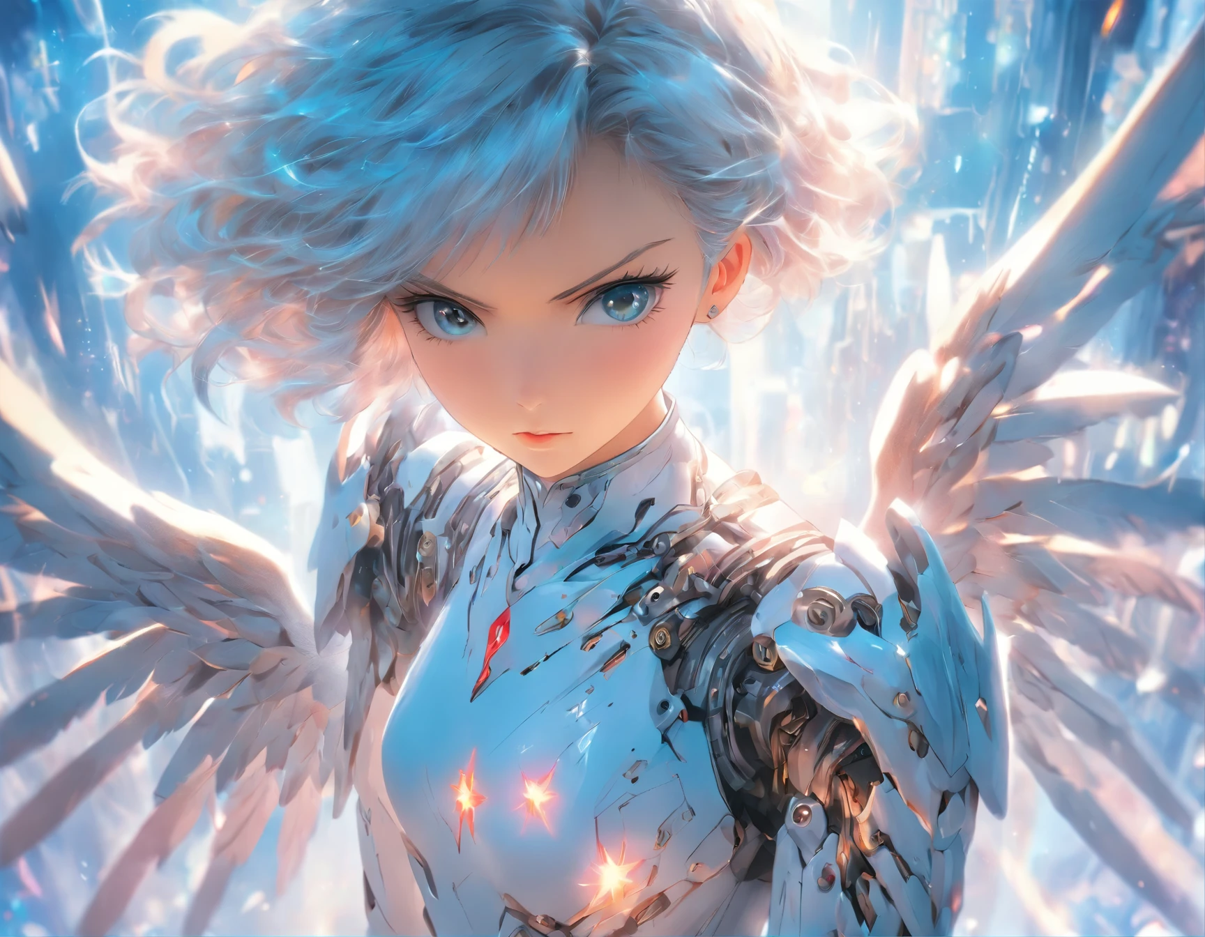 Girl with short-cut silver hair, Confident expression, Weapons of all kinds, born endlessly from the wings of a mechanised angel, swooning in a whitish pale blue dress.