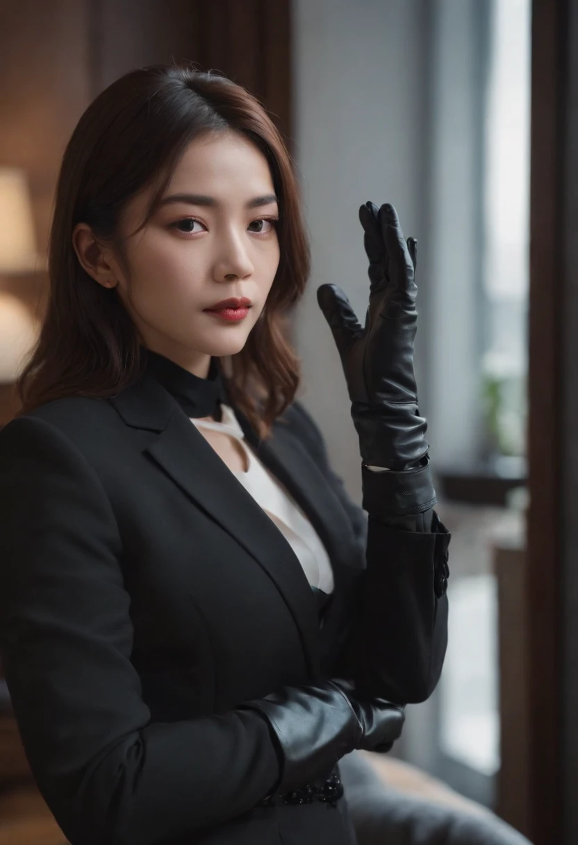 A woman wearing a men's three-piece suit with a black shirt, wearing black leather gloves in both hands, a Japanese girl, a dark hotel room