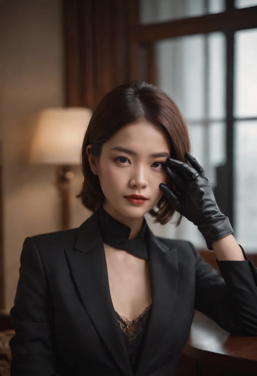 A woman wearing a men's three-piece suit with a black shirt, wearing black leather gloves in both hands, a Japanese girl, a dark hotel room