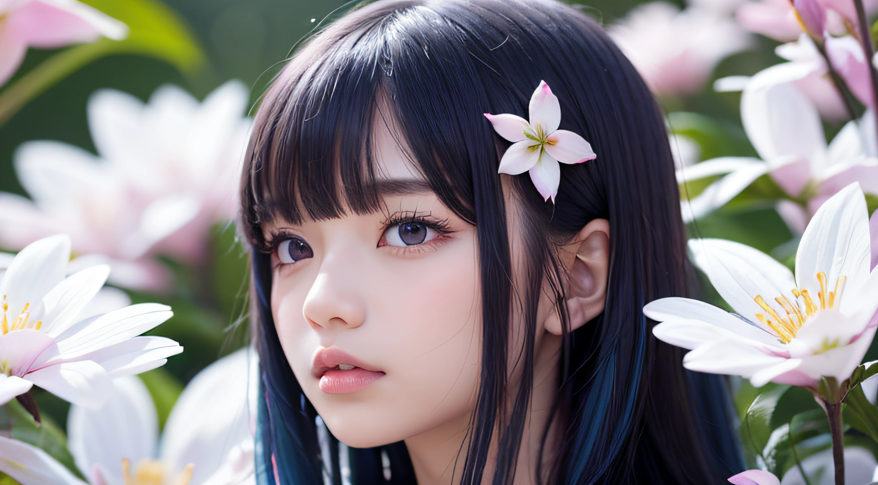 Best Quality, masutepiece, Extremely detailed, Detailed background, 1girl in, Solo, Long hair, flower, Blue hair, White background, pink flowers, Simple background, profile, Upper body, Shirt, White shirt, white blossoms, Bow, Bangs, Purple eyes, fronds, blush