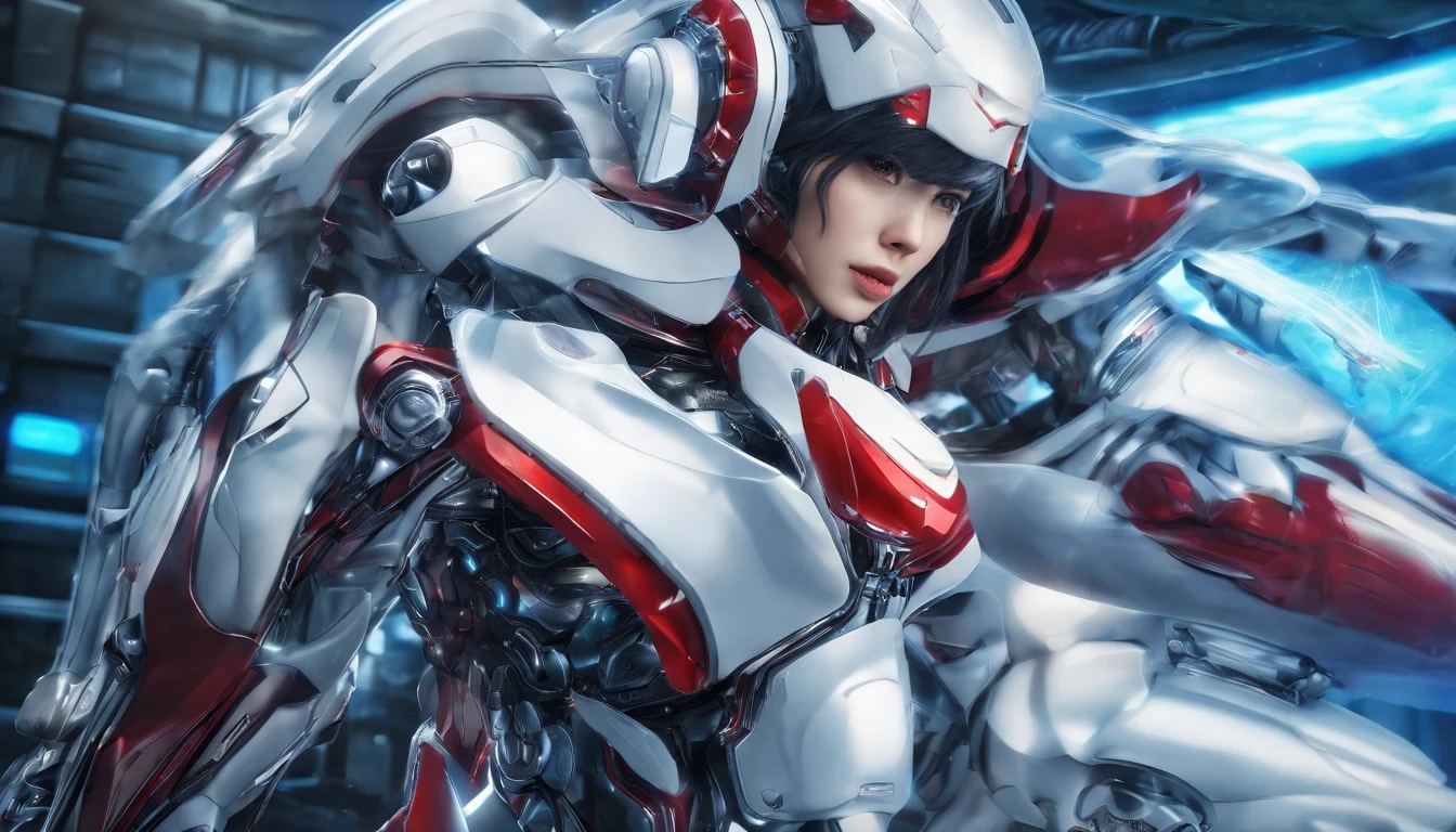 Highest image quality,Outstanding details,超高分辨率,(Fidelity:1.4),The best illustration,Favor the details,closeup cleavage,A mech girl,He has a delicate and beautiful face,((Red and white semi-mechanical body:1.8)),Raised sexy,,cleavage,onbed,frontage,cyber punk perssonage,Futuristic,mechanically aesthetic,Complex machinery,The background is a high-tech lighting scene in the future city,Virtual Engine 5,Perfect detail rendering,rendering by octane,hyper HD