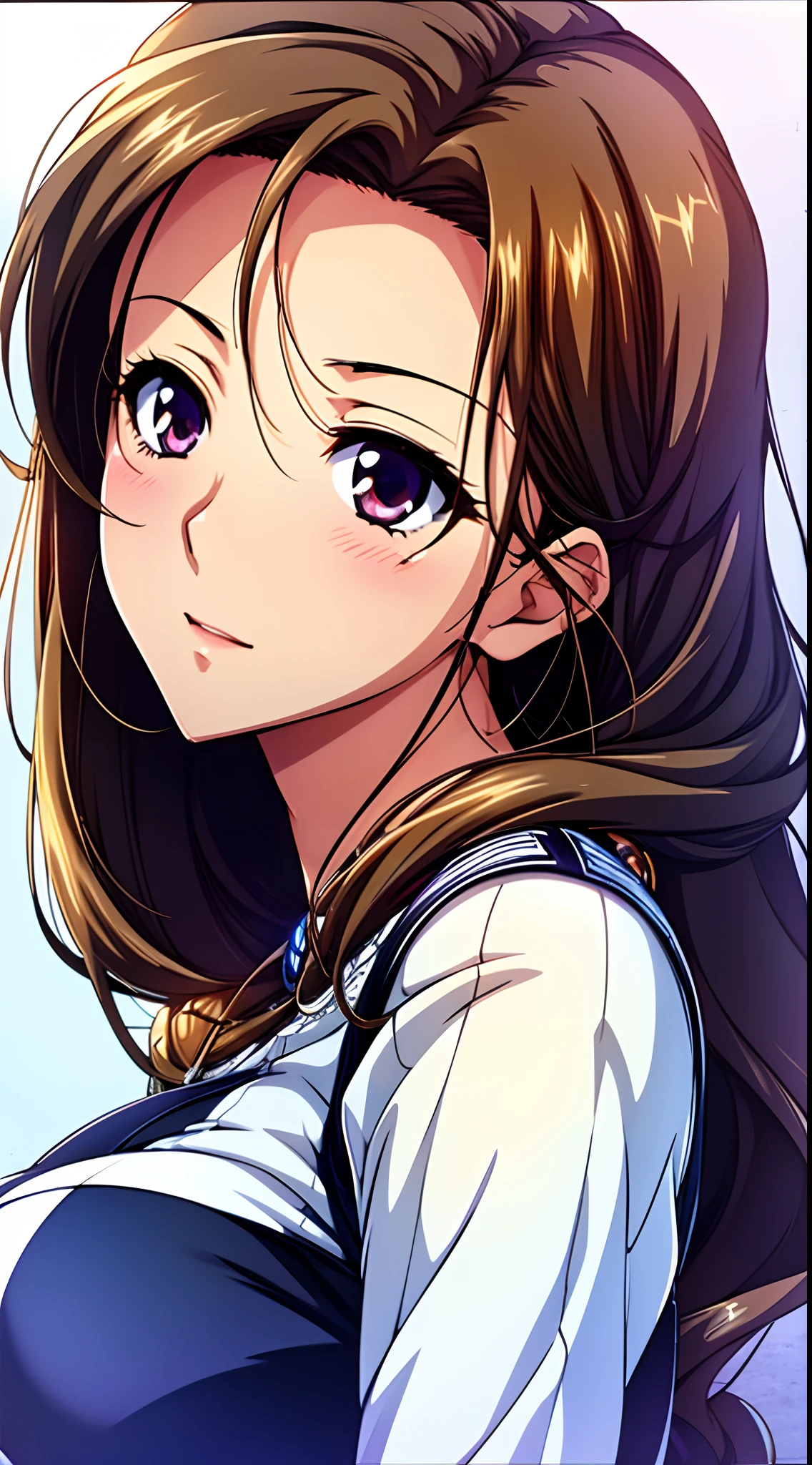 8K,high quality,anime,married woman,fair complexion,beautiful face,small face,depicted from head to waist,beautiful,bright,highlights in eyes,sexy,super big tits,oversized tits,beautiful line drawing. Dress outfit, brown hair color, being in front, straight ahead,