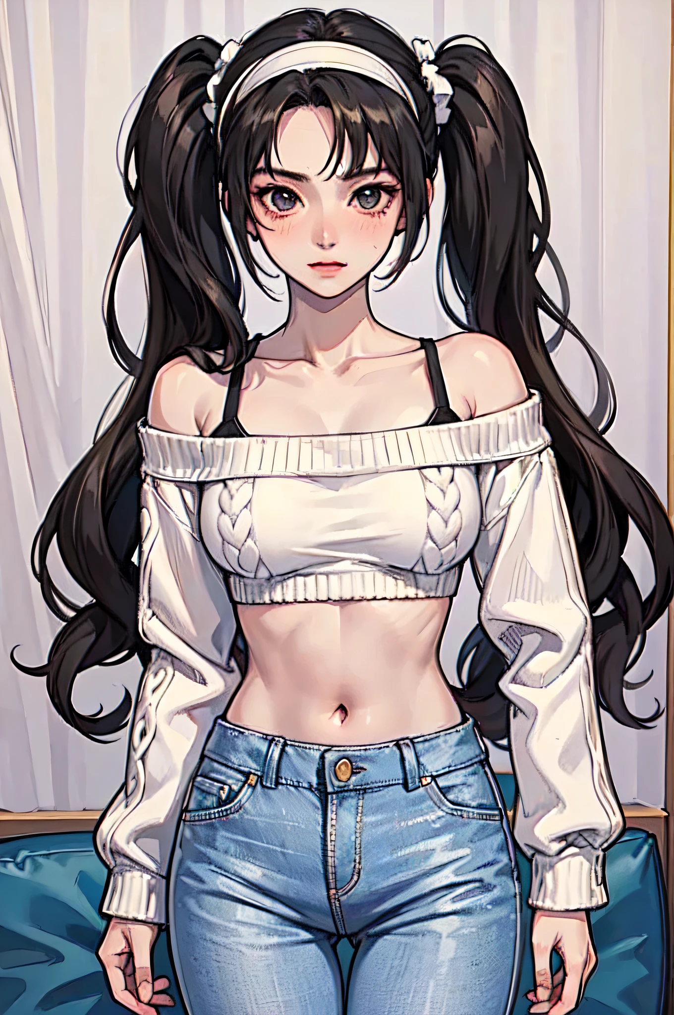 best quality,masterpiece,original,extremely detailed wallpaper,anime style,looking at viewer,1girl,solo,black hair,long hair,twintails,curly hair,curtain bangs,forehead,white off shoulder crop top sweater,white dolphin pants,full-face_blush,standing,hairband,