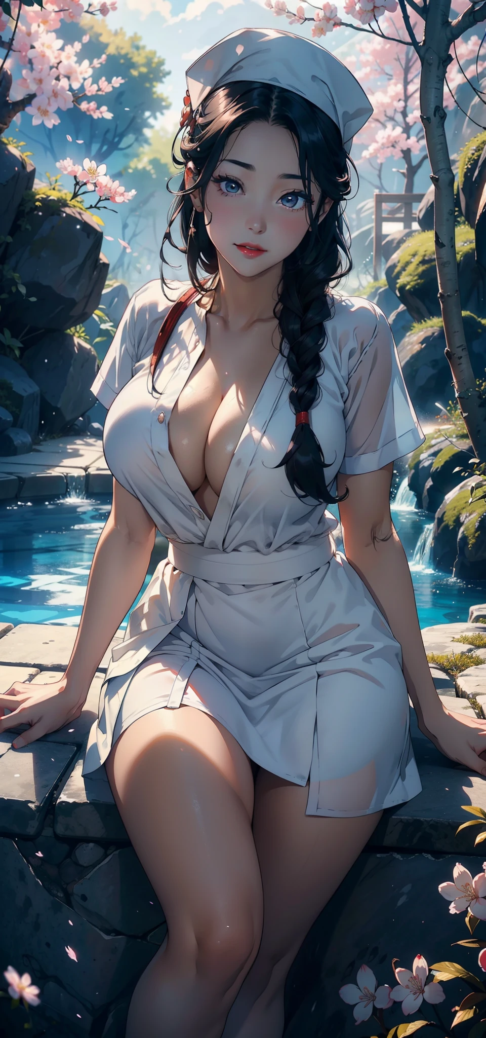 1female,35yo,plumw,extremely large bosom, 独奏,(Background with:,Cherry blossom forest,Deep in the forest,hospitals,)Sitting on the rocks of the pool, She has short black hair,standing on your feet,seen from the front, Twist braids, mostly cloudy sky,(((tmasterpiece),(Very detailed CG unity 8K wallpaper),best qualtiy,cinmatic lighting,detailed back ground,beatiful detailed eyes,Bright pupils,Black eyes,Snow-whiteskin,Redlip(Very fine and beautiful),(Beautiful and detailed eye description),ultra - detailed,tmasterpiece,))facing at camera,A high resolution,ultra - detailed),revealing breasts,Bare genitalia, Bulge,legs are open,Raised sexy,Camel toes,Flushed complexion,Desire for dissatisfaction,frontage,nurses,White transparent skirt,Nurse hat,Red Cross Mark