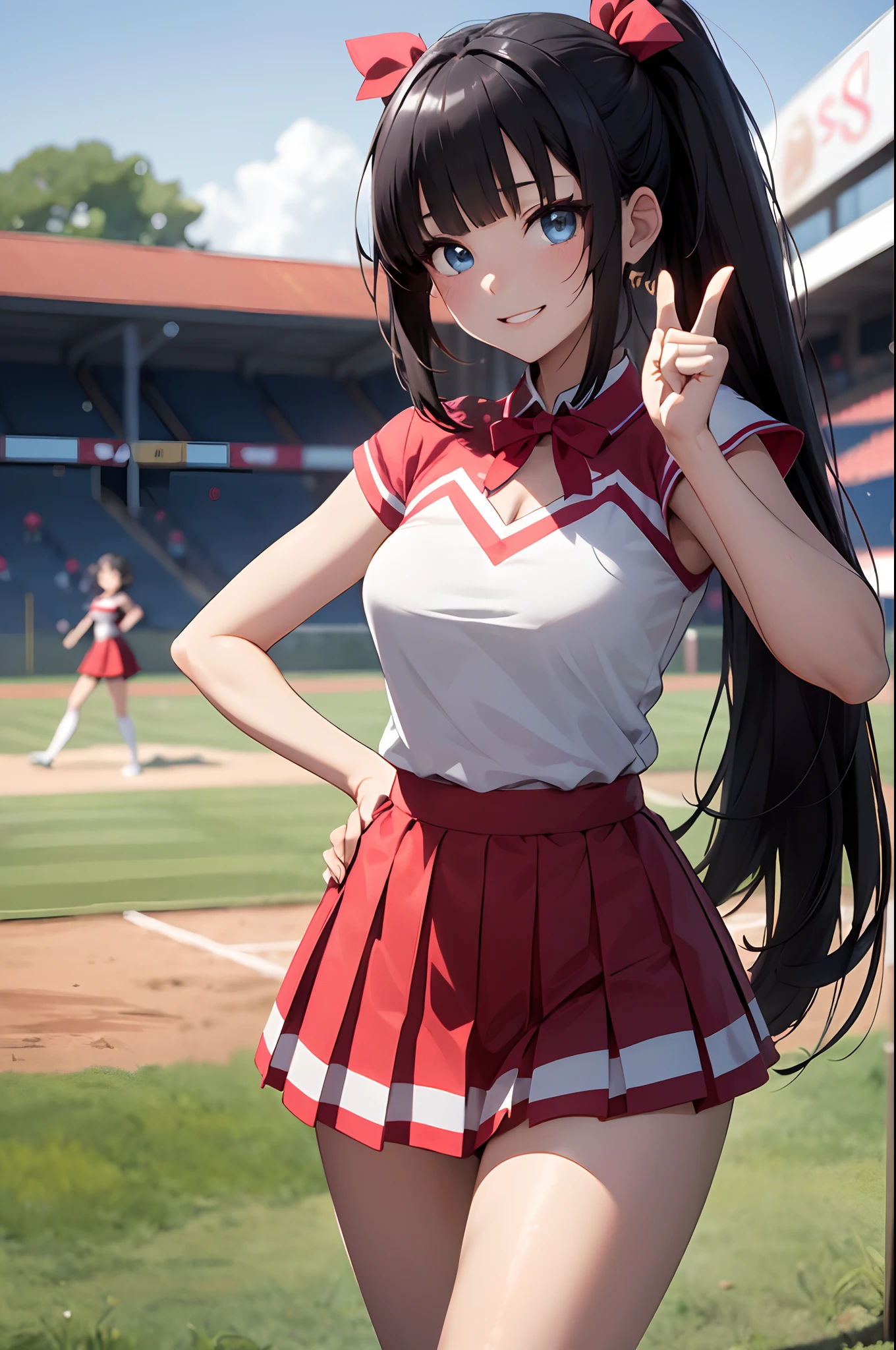 1girls, highly detailed, best quality, illustration, game cg, perfect anatomy, beautiful cute face girl, beautiful dark hair, beautiful detailed eyes, choker, (cheerleader), midriff, school field, natural lighting, aichan, white thigh highs, collarbone, sleeveless, cheerleading, large breasts, glossy lips, light smile