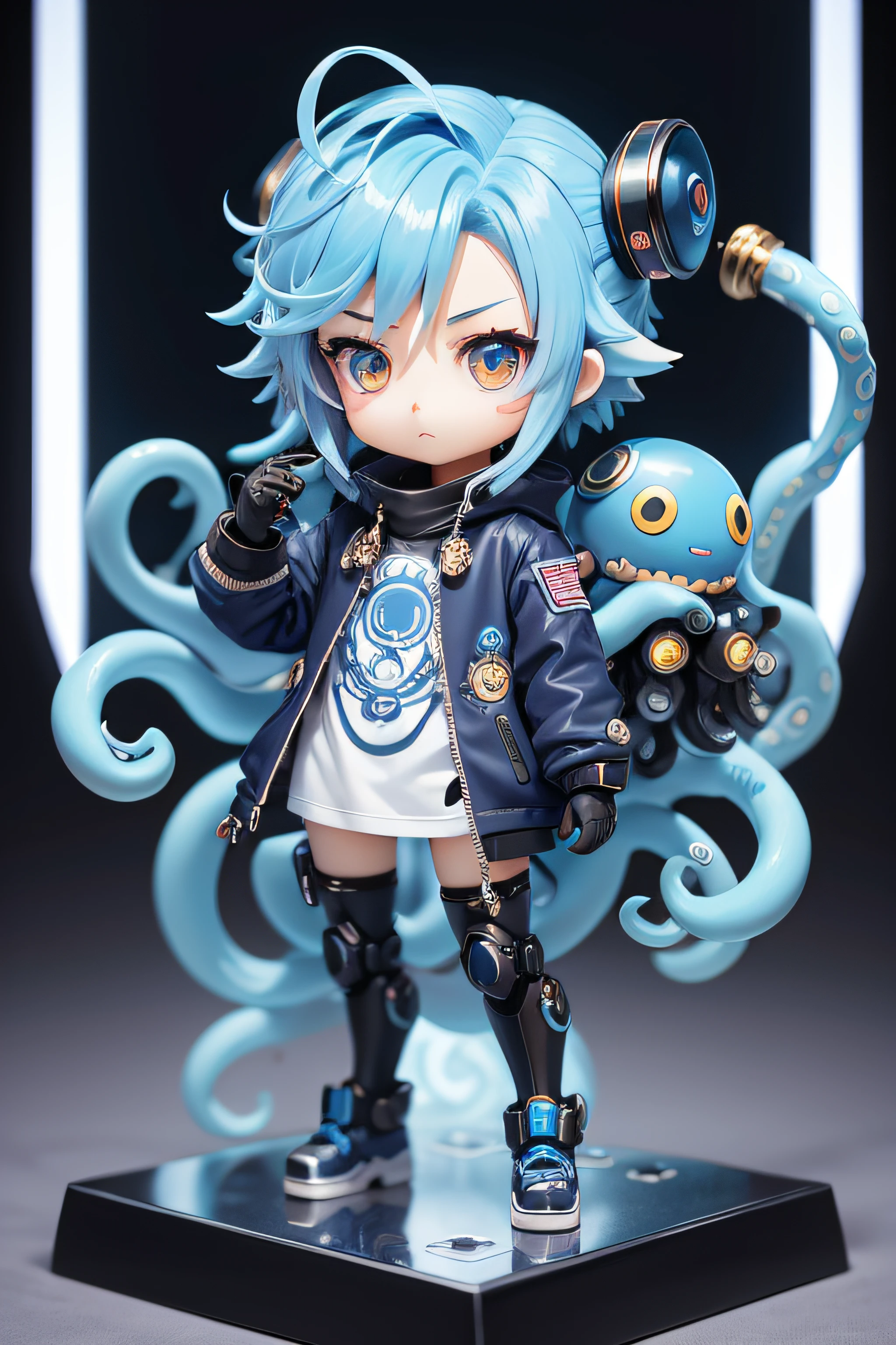2d anime,There are chibi octopus boy with blue and white octopus hair and blue helmets, anime robotic mixed with tentacles, more tentacles, mantra octopus, hair like octopus, nendroid, Nendoroid 2D, Cute cyborg octopus boy, Fine details. Anime. tentacles, nendoroid, cute elaborate epic octopus robot, Cute Cyber God々, style as nendoroid, anime figurine