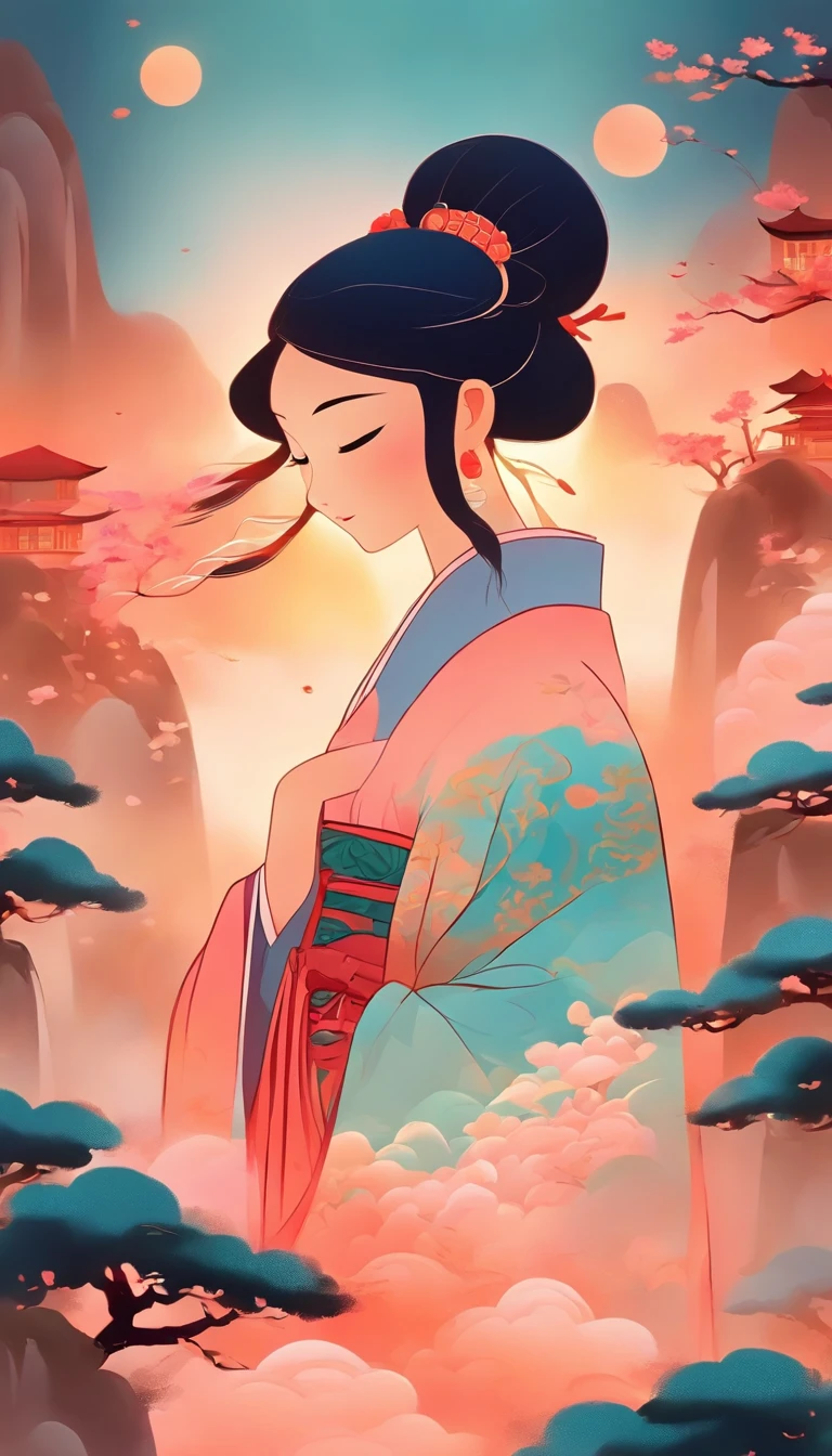 A Chinese woman,Chinese landscape, abstract paintings, Zen, Amy Sol style, Cover art with light abstraction, Simple vector art, Contemporary Chinese art, Gradient of color, Soft color palette, layered forms, Whimsical animation, The style is ethereal and abstract