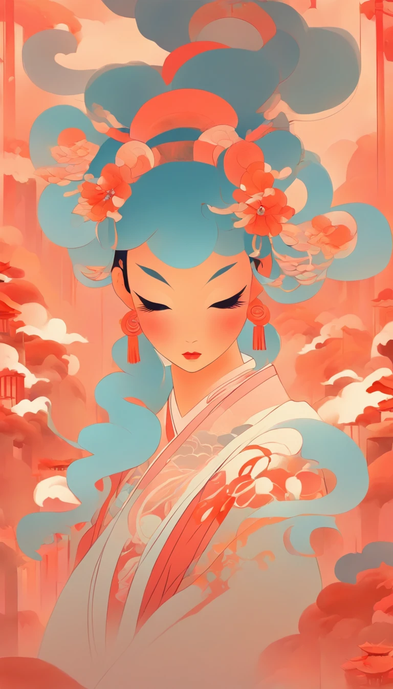 A Chinese woman，Chinese landscape, abstract paintings, Zen, Amy Sol style, Cover art with light abstraction, Simple vector art, Contemporary Chinese art, Gradient of color, Soft color palette, layered forms, Whimsical animation, The style is ethereal and abstract