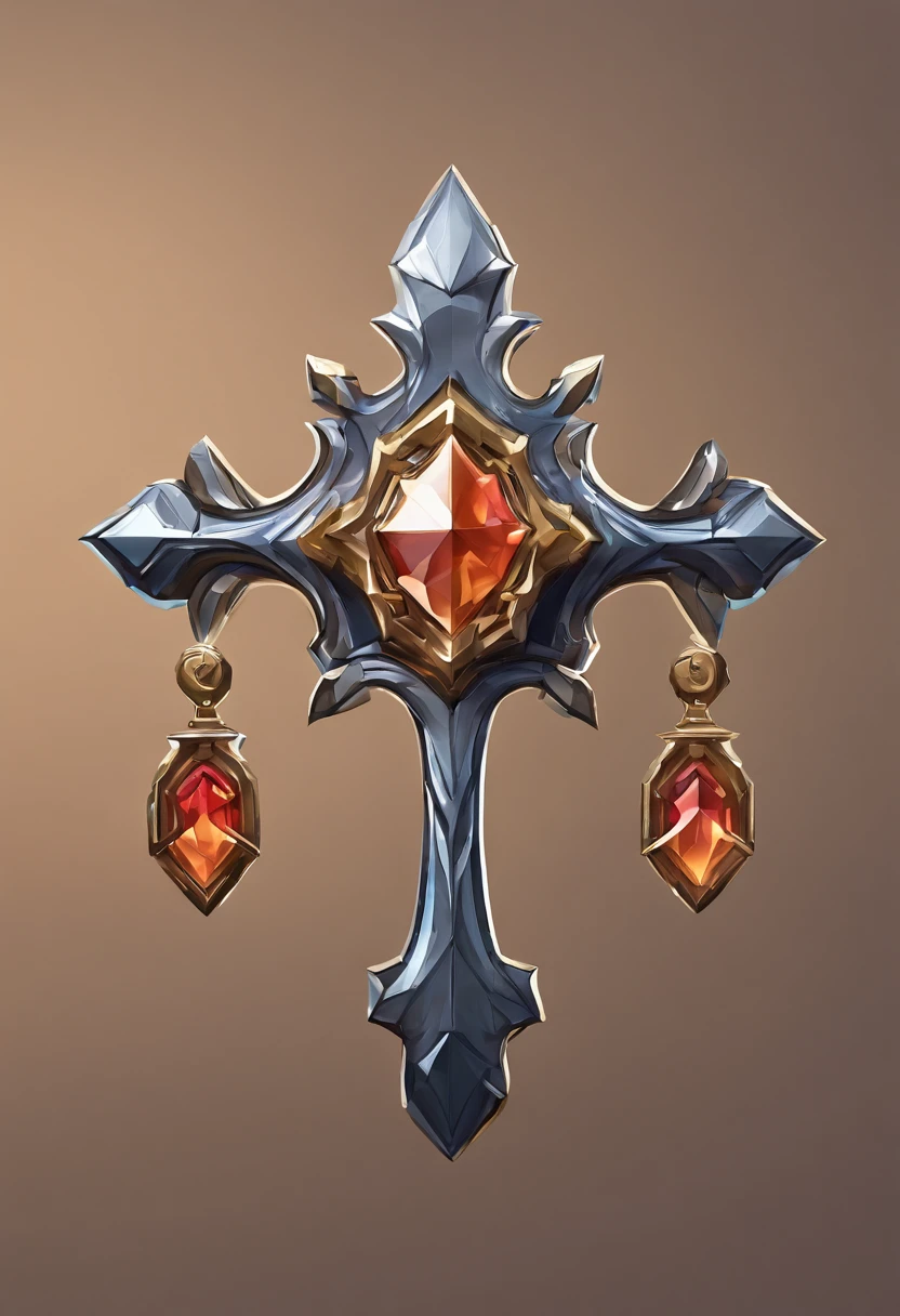 Game medallion with metal faucet closeup with crown，Close-up of dragon head，hearthstone art style, Hearthstone style art, hearthstone concept art, Riot game concept art, style of league of legends, iconic character splash art, League of Legends crown，Game badge，Surrounding metal feathers，copper gold，c4d渲染，Less detail，less detailing，Huge metal faucet in the middle，The head has gorgeous gemstones