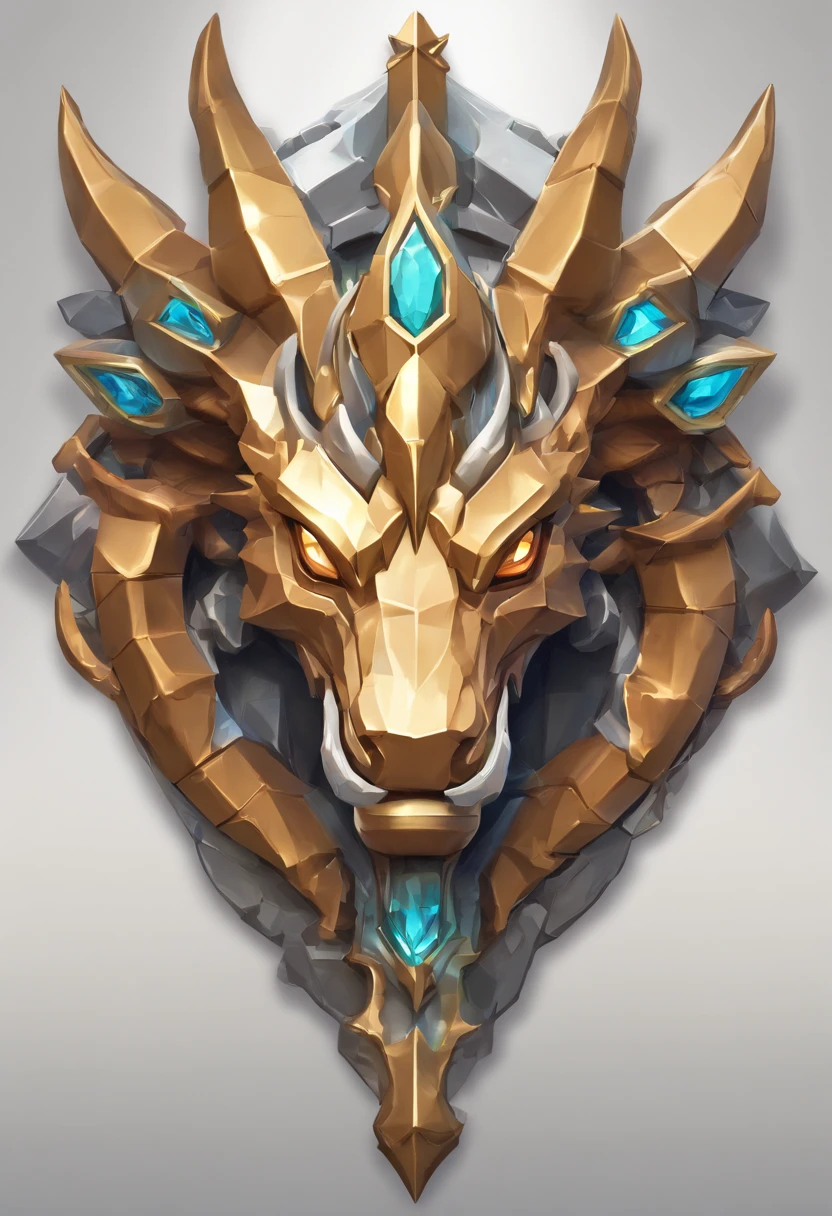 Game medallion with metal faucet closeup with crown,Close-up of dragon head,hearthstone art style, Hearthstone style art, hearthstone concept art, Riot game concept art, style of league of legends, iconic character splash art, League of Legends crown,Game badge,Surrounding metal feathers,copper gold,c4d渲染,Less detail,less detailing,Huge metal faucet in the middle,The head has gorgeous gemstones