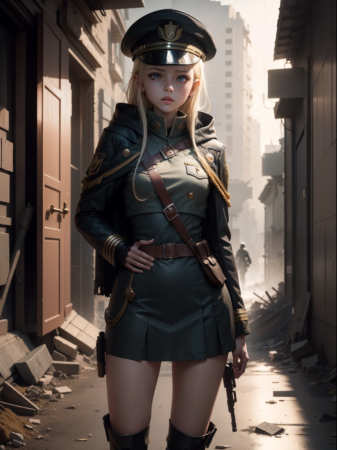 Destroyed towns,3 Ukrainian girls , Ukrainian anime girls , , Ukraine ,  Full body composition of young girl with messy bright blonde hair, eye make up, ,  Soft lighting, Solo, Old torn dirty shabby futuristic military uniform, badges, Pose, Blotch color, Octane Render, Hyperrealistic intricate detail, Cinematic, 8K resolution, 70mm, Accent Lighting, Global Illumination, Full body portrait, clean detailed faces, intricate clothing, Cute face, flat chest, Slim waist, Slim legs, small hips,Major's uniform,Major's hat,Holding a handgun,Long jacket,Carrying a cloak,actionpose,Fancy Action,