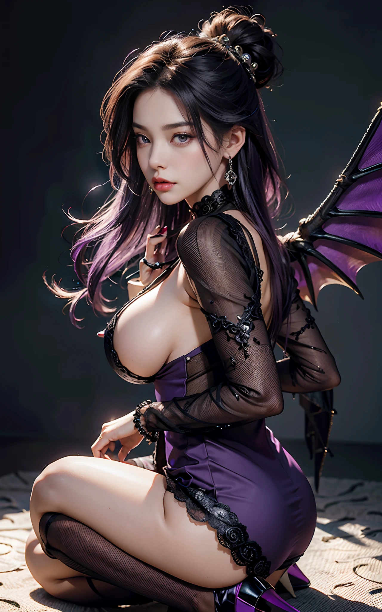 （palaces：1. Mature female purple-black hair,A pair of dragon horns，A pair of huge dragon wings，Flirtatious，Kneeling pose）， tmasterpiece， best qualtiy， RAW photogr， realisticlying， Pouting ass， Incredibly Ridiculous res，， ear studs， (Long flowing purple hair)，eye shadows，Bracelet，head chain，(A wide variety of intricate jewelry)，eardrop，foot ring，Black Lolita dress long dress，（Black suspender stockings+），high-heels，depth of fields， A high resolution， ultra - detailed， filigree， RAWE is very detailed， very detailed eyes and faces， Sharp pupils， realistic pupil， tack sharp focus， cinmatic lighting，full bodyesbian，Bigboobs，long leges，From the front side，banquet，dynamicposes，Normal posture，closeup of face