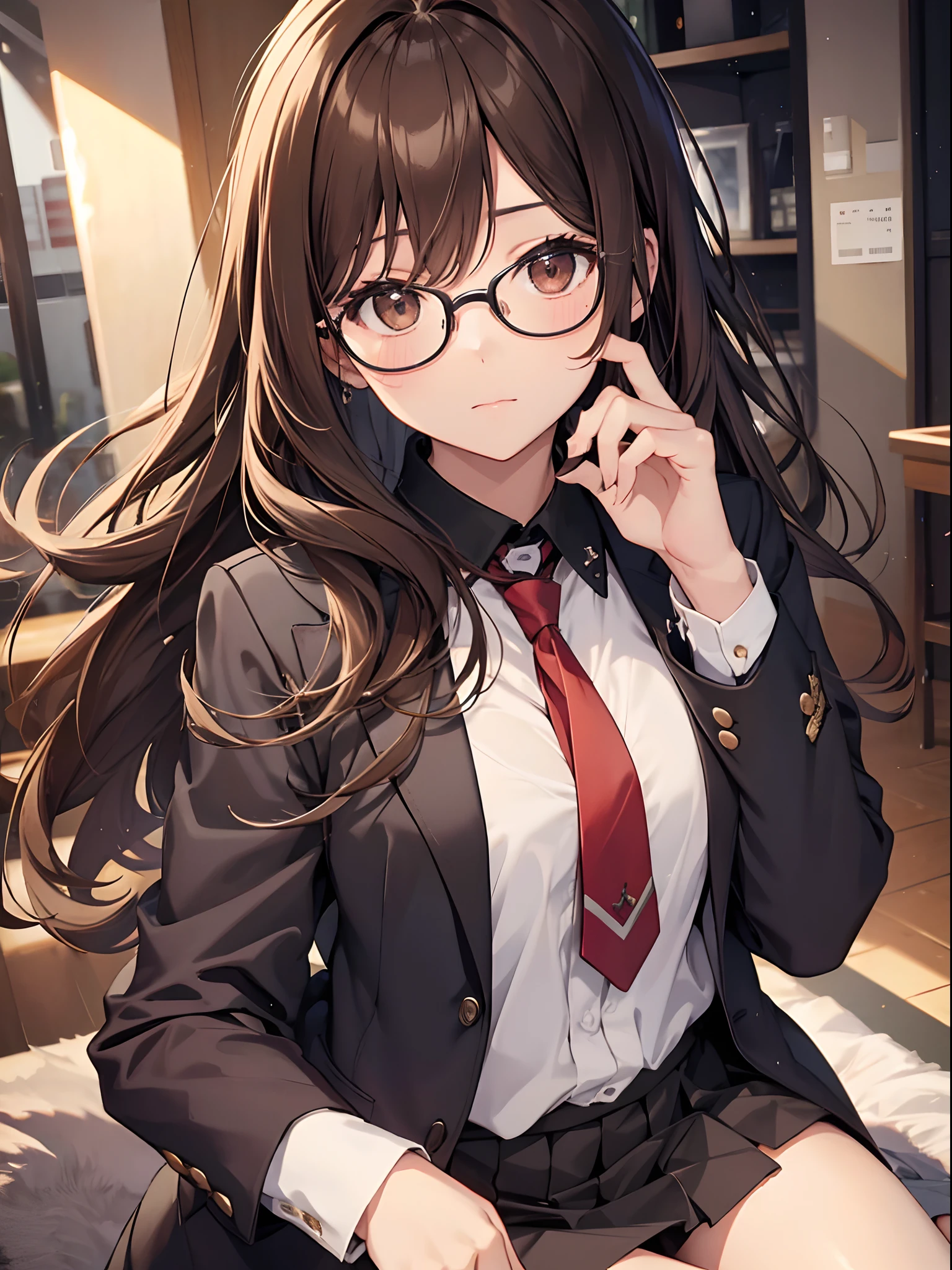 1人の女性、brown haired(Curta)、Brown eyes、Black-rimmed glasses、 Best Quality、ultra-detailliert、8K resolution、Raw photo、masutepiece、gorgeous faces、Perfect body、schools、Blazer Uniform