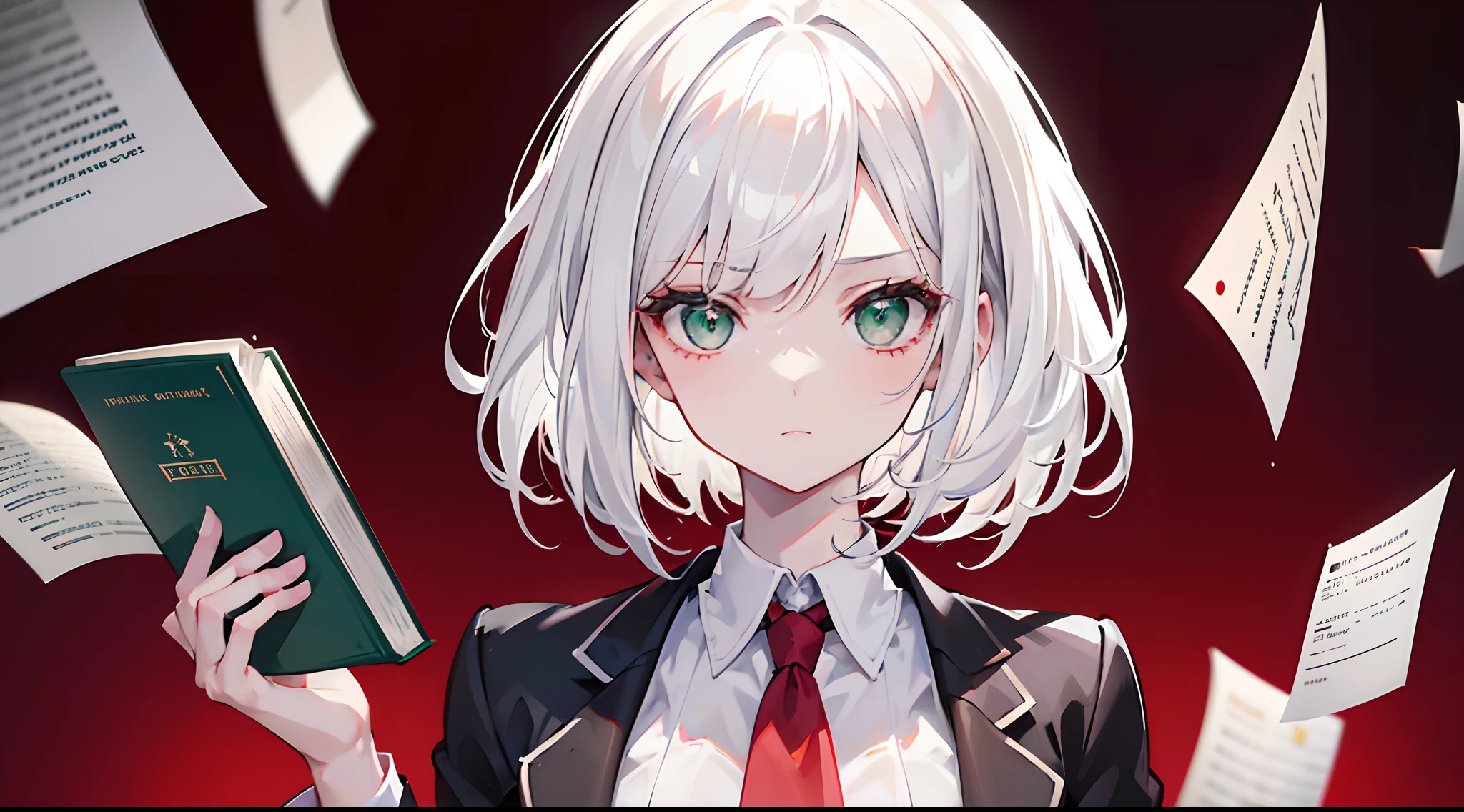 1girl, white hair, green eyes, on the right side of the screen, business, women's suit, law, legal book, law office, dark red background, light gray background, white background, 8k, masterpiece