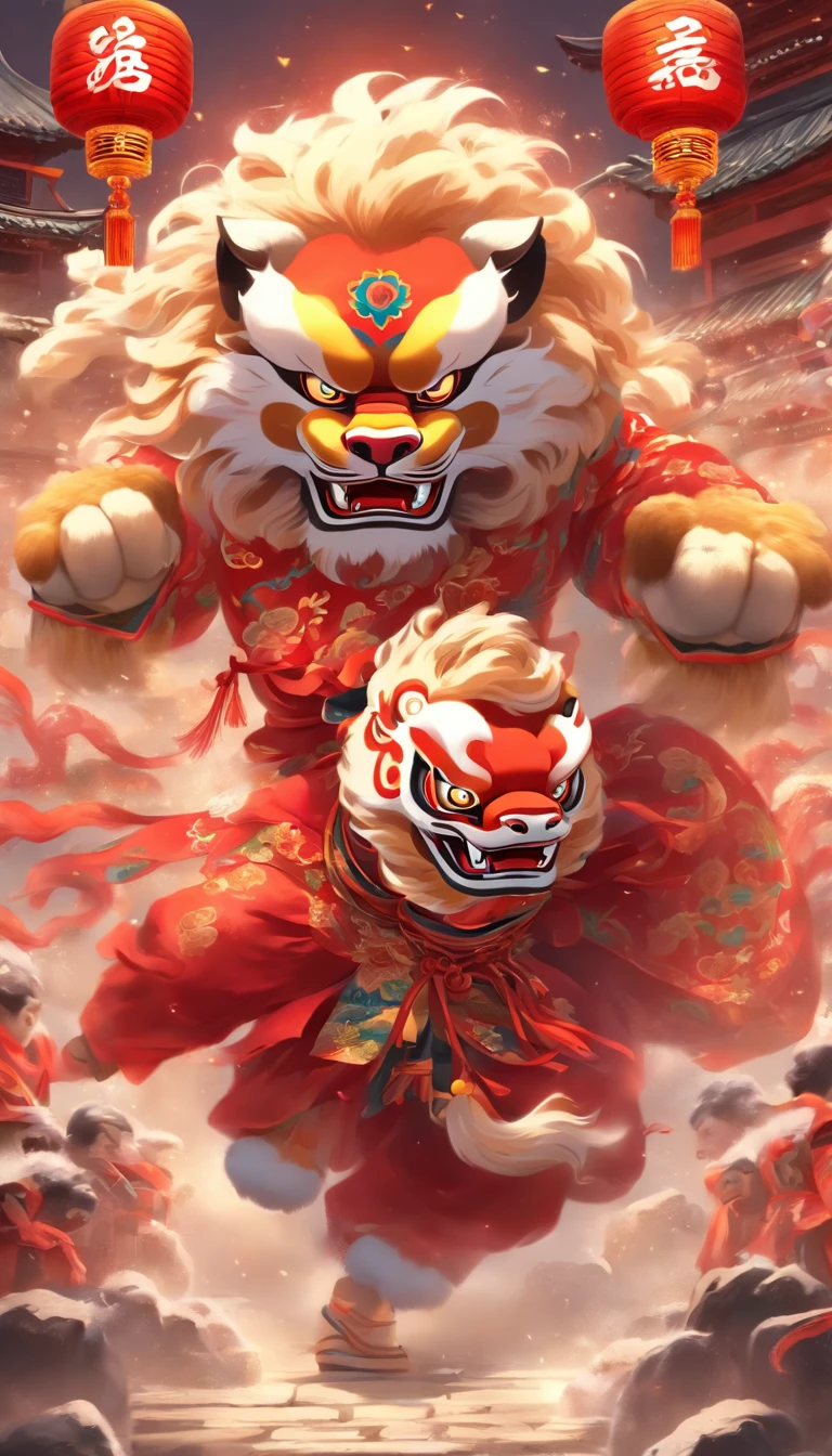 Traditional culture of Guangdong, China,1girll,lion dance,Awaken the lion,characteristic,The facial features are delicate and beautiful,The black and red lion head is worn on the head,Dance the lion's head dance with both hands,jubilation,