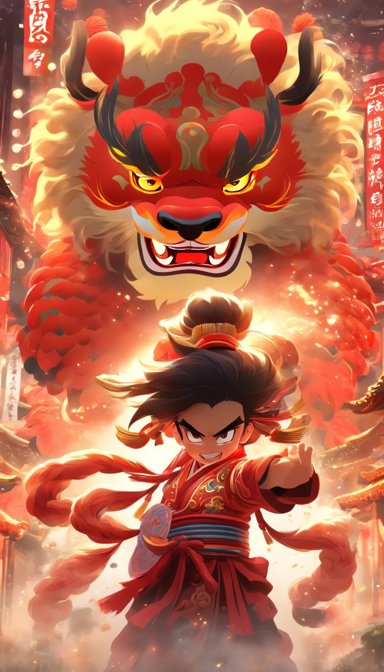 Traditional culture of Guangdong, China，1girll，lion dance，Awaken the lion，characteristic，The facial features are delicate and beautiful，The black and red lion head is worn on the head，Dance the lion's head dance with both hands，jubilation，