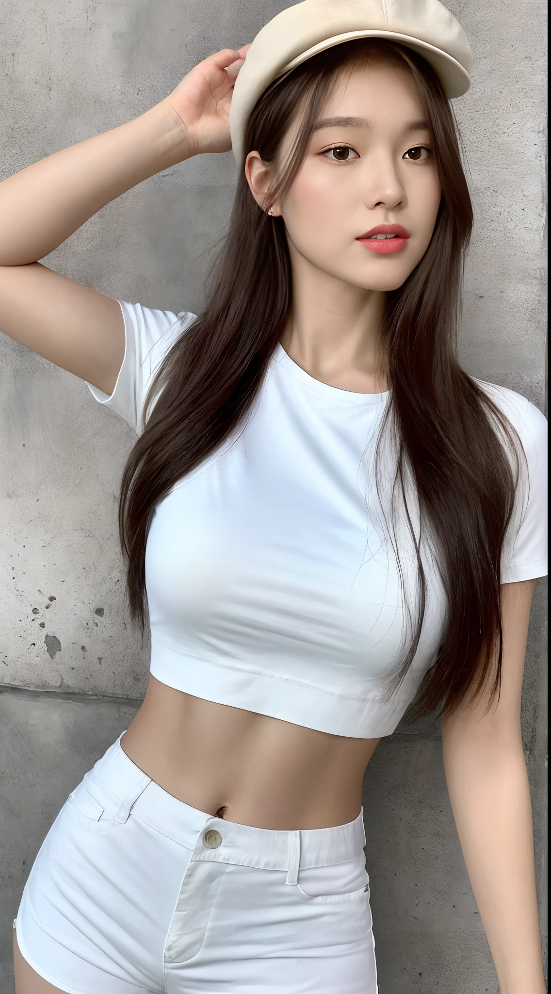 ((Best Quality, 8K, Masterpiece: 1.3)), (Flower Cap: 1.3), Focus: 1.2, Perfect Body Beauty: 1.4, Buttocks: 1.2, (Layered Haircut: 1.2)), (Dark Street: 1.3), Highly Detailed Face and Skin Texture, Full Body, Delicate Eyes, Double Eyelids, Whitened Skin, Long Hair, (Round Face: 1.5), (Loose Crop Top, Shorts: 1.6)