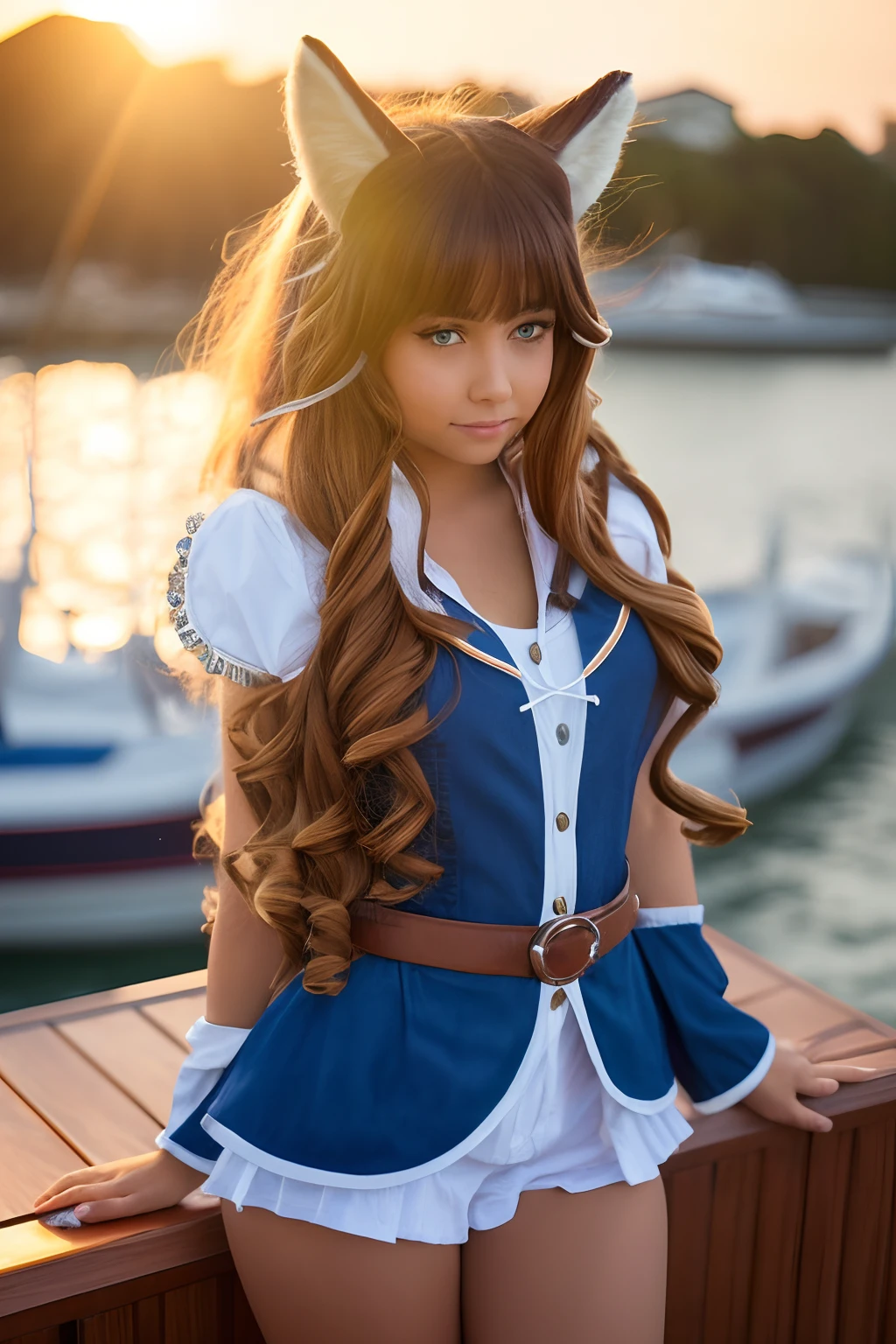 high quality, sxz-human, tan skin, crystal blue eyes, glowing eyes, sandy hair, curly hair, extra long hair, medium sized breast, medium bust, wide hips, curvy, fluffy fox tail, two-tails, sad turned down ears, pouting, teary eyes, hands together, sailor jacket, button shirt, jeans with belt, upper body, portrait, from above, perspective, boat deck, boat, ocean, sunset, volumetric lighting, cloudy sky, sun shafts through clouds --auto
