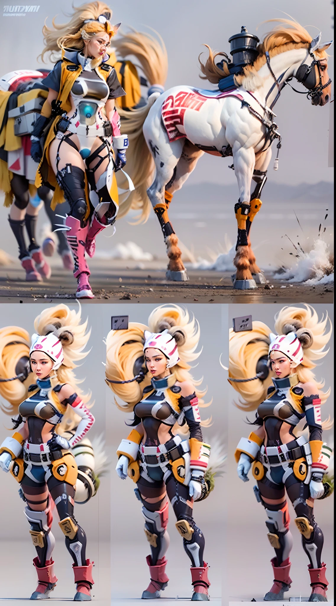 In a very grand scene,The extra-large wide-angle lens captures the appearance of a female centaur。She is tall,It has the ultimate curvy beauty,The muscles are slender and firm,Beautiful lines。Her facial features are tough and coquettish,Always with a sunny smile。She wears special tight-fitting equipment with a strong sense of technology,Step on multifunctional off-road style heels,Delicate and practical protective gear is worn on the hands, feet, wrists, neck and shoulders。The detection equipment around you flashes various cue lights and neon-like information screens,Let her exude a charming brilliance。Use Midjourney's advanced tools,Design special tight-fitting equipment for female centaurs,Highlight her unique physiological characteristics and appearance details,Add realism。And in her adventure scene,Spectacular views of nature,Such as the sky where storms and sunny days alternate、Brilliant rivers of stars and auroras、The snow-capped summit of Mount Everest、Fireworks in the mountain town, etc。ao mesmo tempo,Away from the hustle and bustle of Long Beach Pier is a neon-lit spaceship docked,Create a fantastic scene。Use Midjourney's advanced tools and multiple color palettes、Brush Strokes、Texture tools and model packages,It shows a sense of atmosphere where beauty and charm coexist。The charm of the female centaur is highlighted through color and lines,Enhance realism with detailing,Create a surreal dreamy feeling。Additionally,Use Midjourney's tools to add a variety of extreme sports gear and cultural trinkets to the female centaur,Create intricate hairstyles and outfits,Give her a sense of premium。She never flinches,Regardless of the terrain,can respond quickly,Even the extreme geography and dangerous terrain of aliens cannot stop her。Use Midjourney's powerful tools,You can do it with incredible detail and beauty,Bring this ultra-grand and beautiful scene to life。Ultra-grand scenes,super wide shot, hdr,(真实感,Masterpiece quality,best qualtiy),