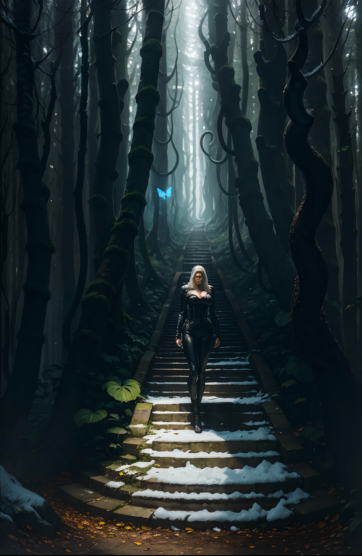1girl, slim body, leather catsuit, leather straitjacket, corset, fairy, body belt,(snakes on head), snakes with hair, (snakes in hair), medusa gorgon, fantasy forest, realistic, photorealistic, octane render, realistic face, scenery, stairs to nowhere, forest, butterflies, (blurry, magic, atmosphere:1.5), light, white palette, leaf frame, snow, mysticism, ghostly silhouette