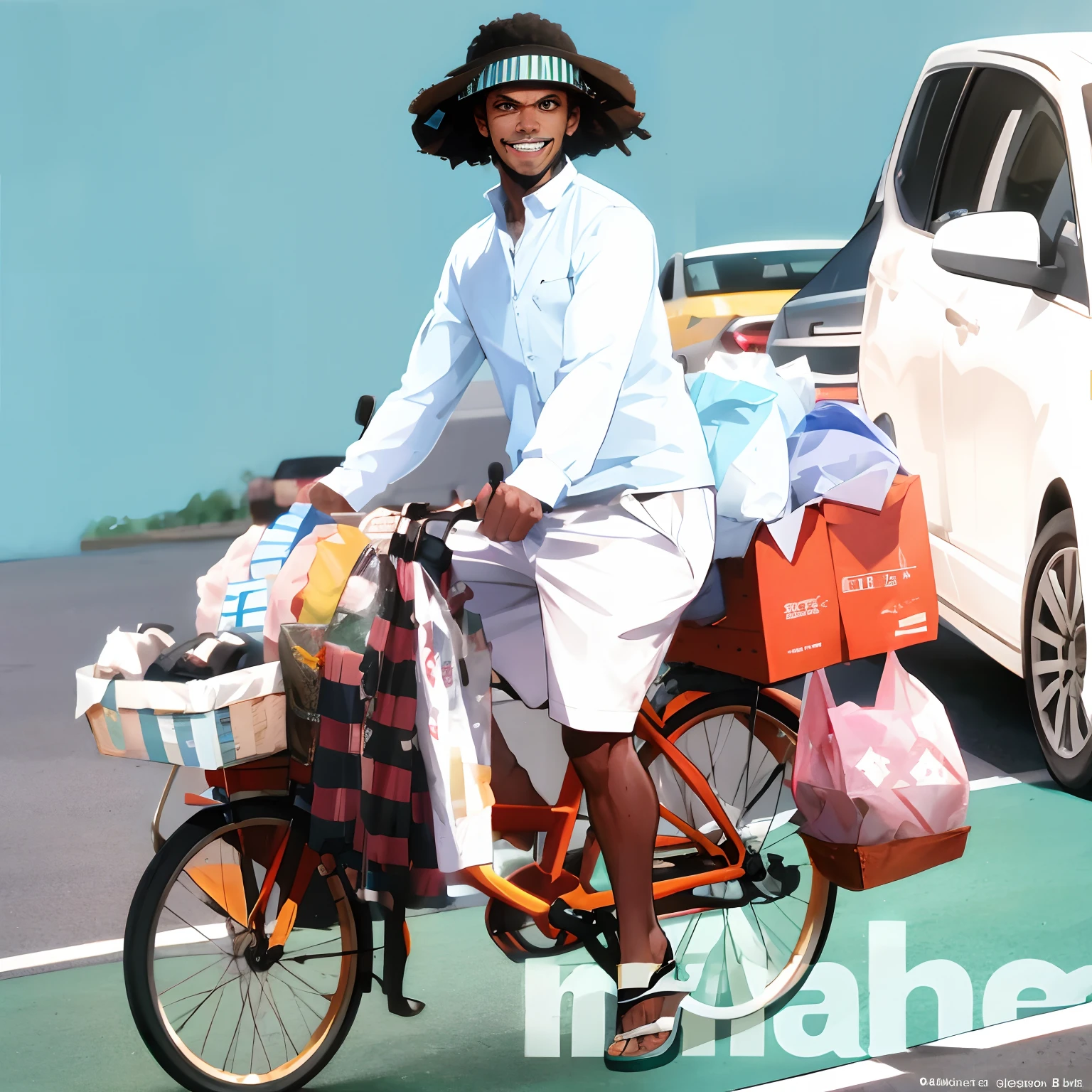 Afro man riding bike with basket full of coffee sachet, south east asian coffee seller, in style of Onepiece, Aokiji, absurdres, high res, ultrasharp, 8K, masterpiece, looking at viewer, detailed face feature, no hat