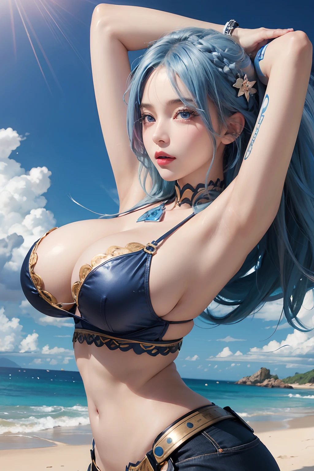 1girl,vivi, blue hair ,blue ayes,big butt,big boobs,detail background, detail foreground,sharpen foreground,high res,hyper realistis, ultra detail