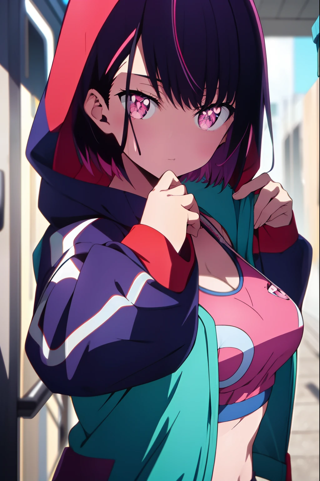 shizukamikazuki, shizuka mikazuki, short hair, purple hair, hair ornament, hairclip, (pink eyes:1.5),
BREAK navel, cleavage, jacket, open clothes, midriff, hood, open jacket, blue jacket, hooded jacket, sports bra,  hood down,
BREAK looking at viewer,
BREAK outdoors,
BREAK (masterpiece:1.2), best quality, high resolution, unity 8k wallpaper, (illustration:0.8), (beautiful detailed eyes:1.6), extremely detailed face, perfect lighting, extremely detailed CG, (perfect hands, perfect anatomy),