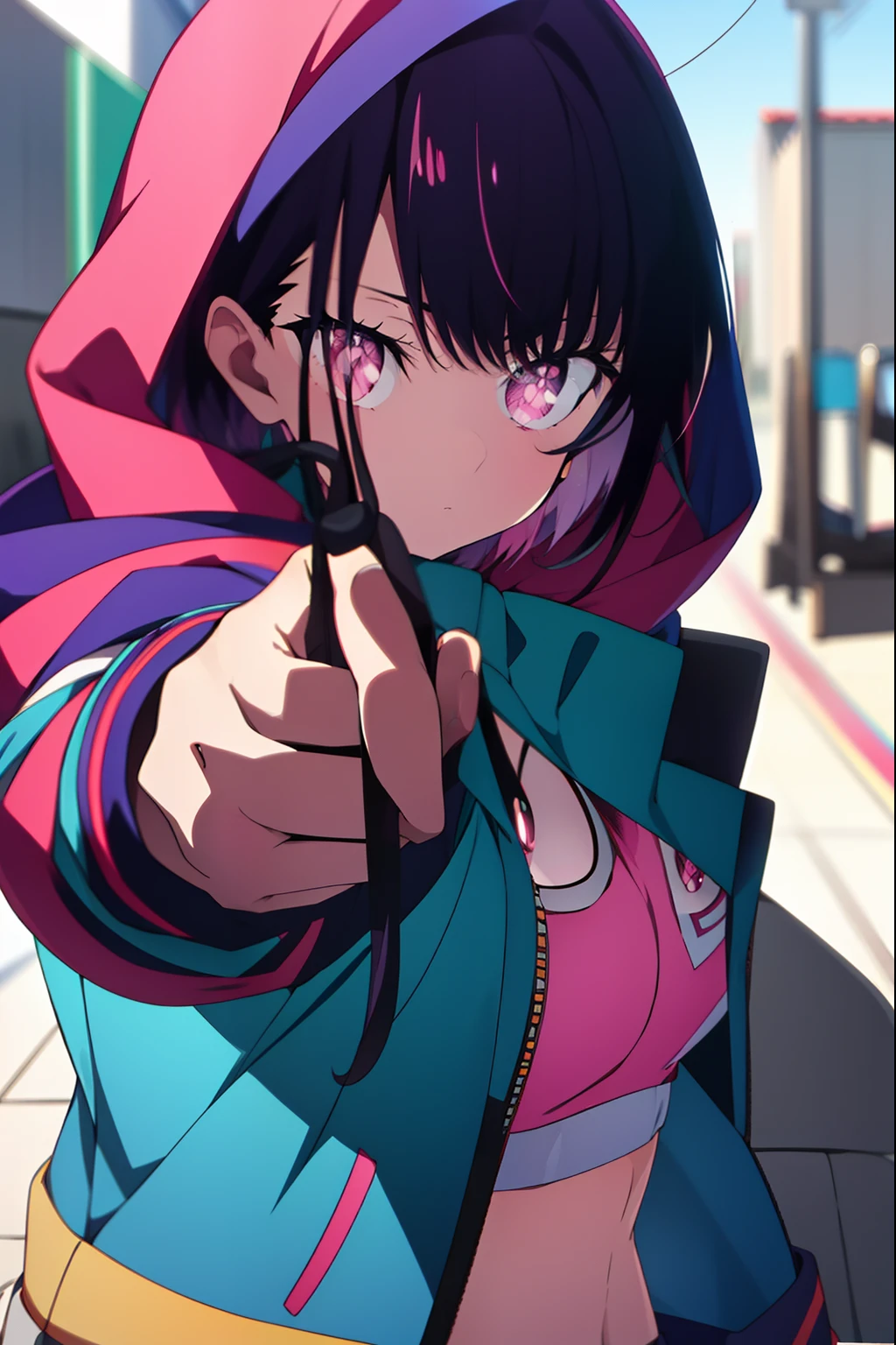 shizukamikazuki, shizuka mikazuki, short hair, purple hair, hair ornament, hairclip, (pink eyes:1.5),
BREAK navel, cleavage, jacket, open clothes, midriff, hood, open jacket, blue jacket, hooded jacket, sports bra,  hood down,
BREAK looking at viewer,
BREAK outdoors,
BREAK (masterpiece:1.2), best quality, high resolution, unity 8k wallpaper, (illustration:0.8), (beautiful detailed eyes:1.6), extremely detailed face, perfect lighting, extremely detailed CG, (perfect hands, perfect anatomy),