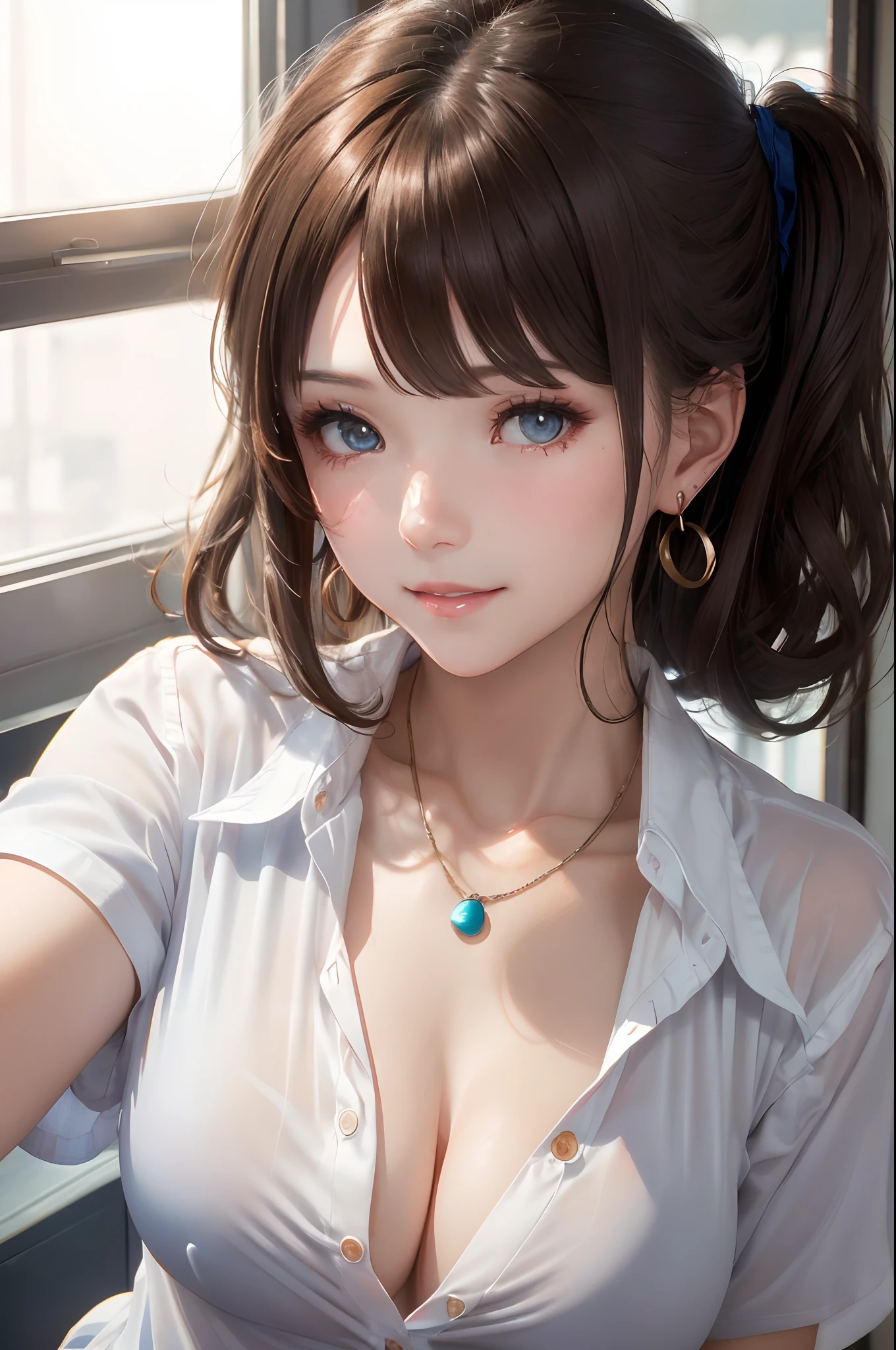 (masutepiece: 1.3), (max resolution: 1.2), cinematric light, (Detailed eyes and skin), (detailed facial features), nffsw, 8K resolution, Sharp Focus: 1.2, Perfect Style, Beautiful face, Perfect body, acurate, Anatomically correct, Highly detailed face and skin texture, Detailed eyes, Dark-blue eyes, Double eyelids, Thin eyebrows, Glitter Eyeliner: 1.2, Natural cheeks, Glossy skin, Fair skin: 1.2, shiny little necklace and earrings, (Glossy lips: 1.4), BREAK, One-person viewpoint, (she is very Cute high school ), (Wearing a Button up shirt, Pleated mini-skirt, Navy tie, high socks), (Seductive smile: 1.2), ((a Innocent and cute girl:1.3)), (Side Ponytail Hairstyle, Wavy Hair), (ligh brown hair:1.2), (Cowboy Shot: 1.2), BREAK, ((Very intimate relationships: 1.2)),Open blouse、cleavage of the breast、 medium large breasts, ((Looking at Viewer:1.2)), ((Grab a shirt button.:1.6)),NSFW,