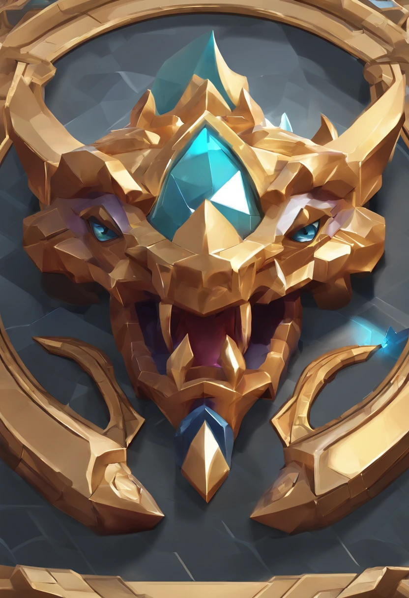 Game medallion with metal faucet closeup with crown,Close-up of dragon head,hearthstone art style, Hearthstone style art, hearthstone concept art, Riot game concept art, style of league of legends, iconic character splash art, League of Legends crown,Game badge,Surrounding metal feathers,copper gold,c4d渲染,Less detail,less detailing,Huge metal faucet in the middle,The head has gorgeous gemstones