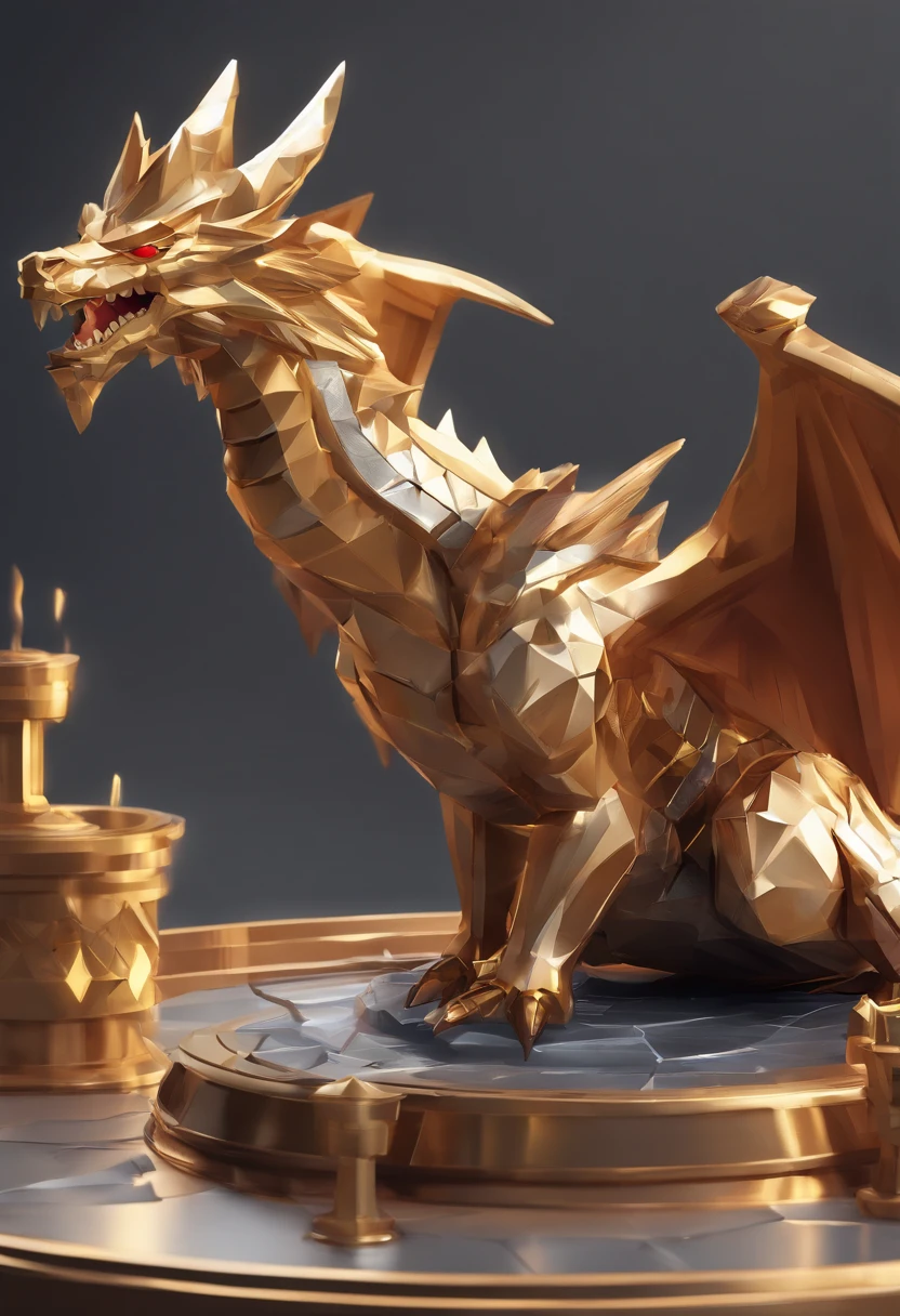 Game medallion with metal faucet closeup with crown，Close-up of dragon head，hearthstone art style, Hearthstone style art, hearthstone concept art, Riot game concept art, style of league of legends, iconic character splash art, League of Legends crown，Game badge，Surrounding metal feathers，copper gold，c4d渲染，Less detail，less detailing，Huge metal faucet in the middle，The head has gorgeous gemstones