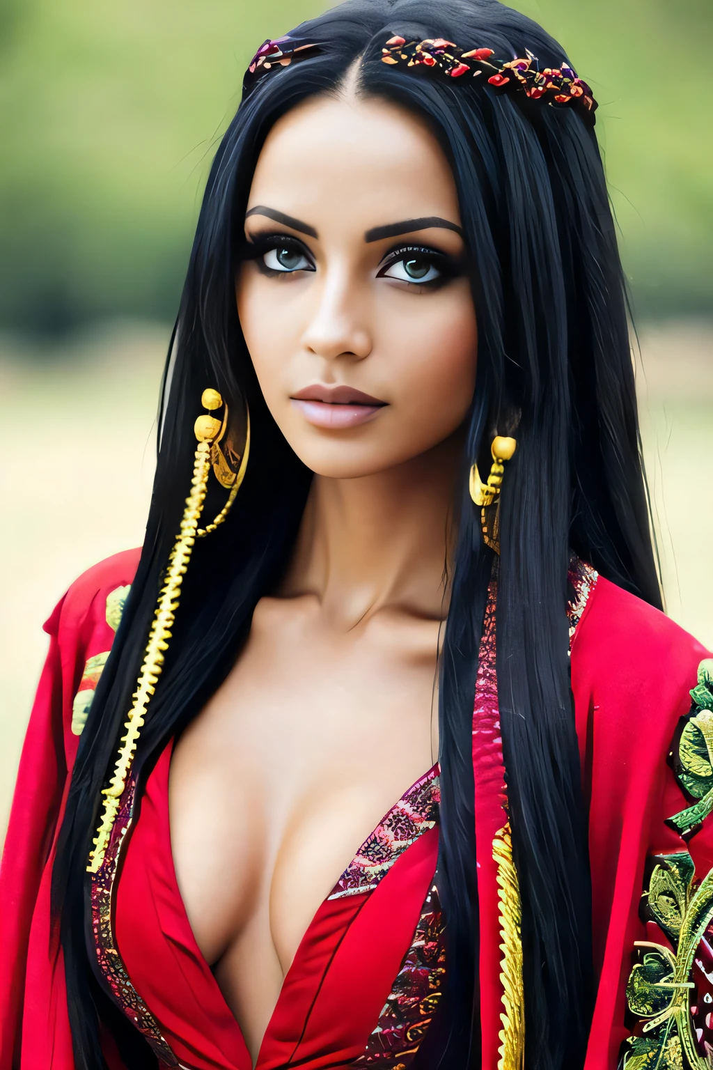 seemly 22yo BoaHancockV2, black hair, long hair, jewelry, revealing dress, red robe, cleavage, thighs, cape, red cape, earrings, black eyes, cybergoth, as Tigray Female Fighter (Ethiopia): Adorned in threadbare civilian clothes or military-style uniforms, wearing used scarf, patch of the Tigray People's Liberation Front, with black hair in a braided style and piercing green eyes in an epic Ethiopian landscape. BREAK ((photorealistic), realistic face), medium breasts, beautifully detailed woman, realistic face, detailed mouth, extremely detailed eyes_and_face, beautiful attractive face, beautiful detailed eyes, (photorealistic), pronounced feminine feature, matte eyeshadow, eyelashes, eyeliner, perfect fit body, smooth skin, dynamic posing, toned body, flat belly, perfect feminine hands BREAK color HD photo, shot by Marcus Yam, (full-body shot, high quality photo, masterpiece), HDR, 8K resolution, analogue RAW DSLR, best quality, absurdres, vivid vibrant colors, skin pores, intricate detail, (intricately detailed face_and_eyes), realistic human hands, sophisticated detail, (realistic lighting, sharp focus), centerfold, bokeh, official art, 8k wallpaper, ultra high res, professional photography