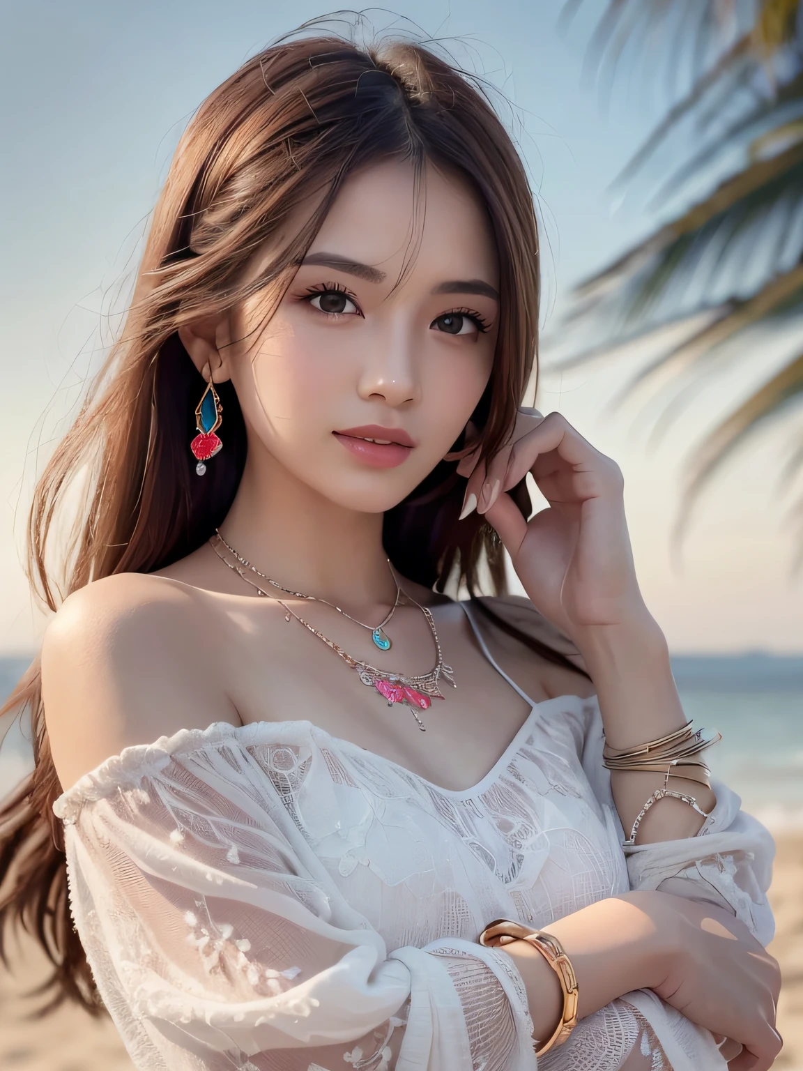 (upper body), (best quality:1.1) ,(photorealistic:1.1), (photography:1.1), (highly detailed:1.1), looking at viewer,armlet, Jade bracelet, eyelashes, happy, medium breasts,beautiful detailed girl, (extremely detailed eyes and face), (lighting on face),necklace,Colorful clothes, [chinese clothes],[off shoulder], (solo:1.2), sandbeach,sand,Standing by the seaside, summer, (beautiful detailed sky),