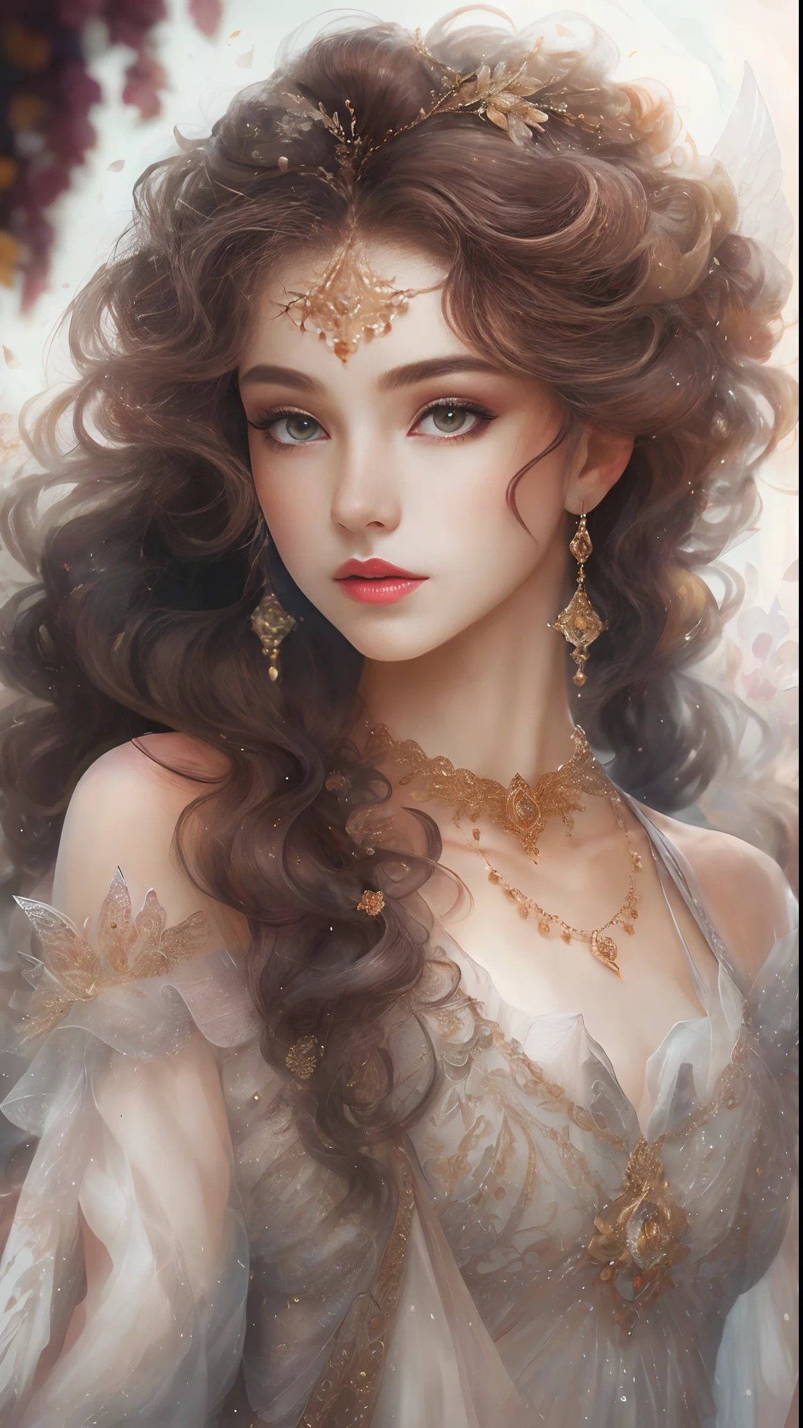 (Best quality, 4K, 8K, A high resolution, Masterpiece:1.2), Ultra-detailed, Realistic portrait of an aristocratic maiden, Exquisite facial features,Long brown curly hair details expressed, Graceful posture, Dreamy atmosphere, expressive brush strokes, mystical ambiance, Artistic interpretation,Delicately coiled hair,Floral jewelry with exquisite details, crystal diamond jewelry,Small fresh aesthetics,Stunning intricate costumes, Fantasy illustration, Subtle colors and tones, mystical aura,The details have been upgraded