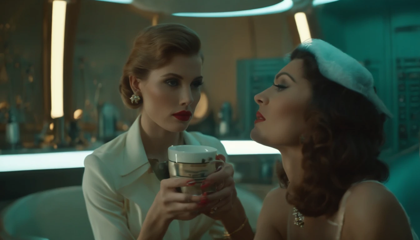 4k image from a 1970s science fiction film, imagem real, Estilo Wes Anderson, pastels colors, a women wearing retro fashion clothes and dringking black coffee, wearing underwear, big tattoo, sexy lips, Luz Natural, cinemactic, Psicodelia, futurista estranho, retro-futurista,