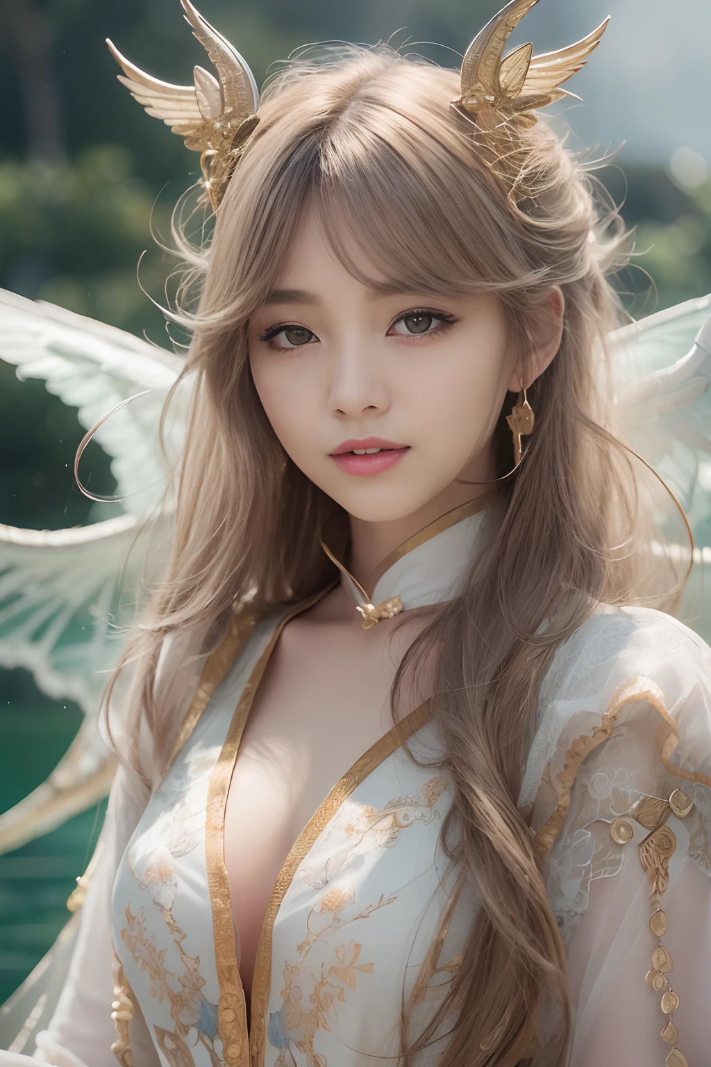 Dragons in Chinese mythology,(Portrait of an angel and a dragon god:1.3,)(Sheer and revealing white fluffy outfit:1.3, ),(Angel with glass wings floating above lake:1.3), (A glass dragon protects angels from behind:1.3),shiny light brown and orange striped hair,,,,,,Cute smile,Perfect round face,A cheerful smile that makes the viewer happy,Proper body proportion,masutepiece,Super high-quality output images,hight resolution,Intricate details,Hair fluttering in a very delicate and beautiful wind,photos realistic,Dreamy,Professional Lighting,realistic shadow,Beautiful hands,Beautiful fingers,Detailed finger features,detailed clothes features,Detailed hair features,detailed facial features,