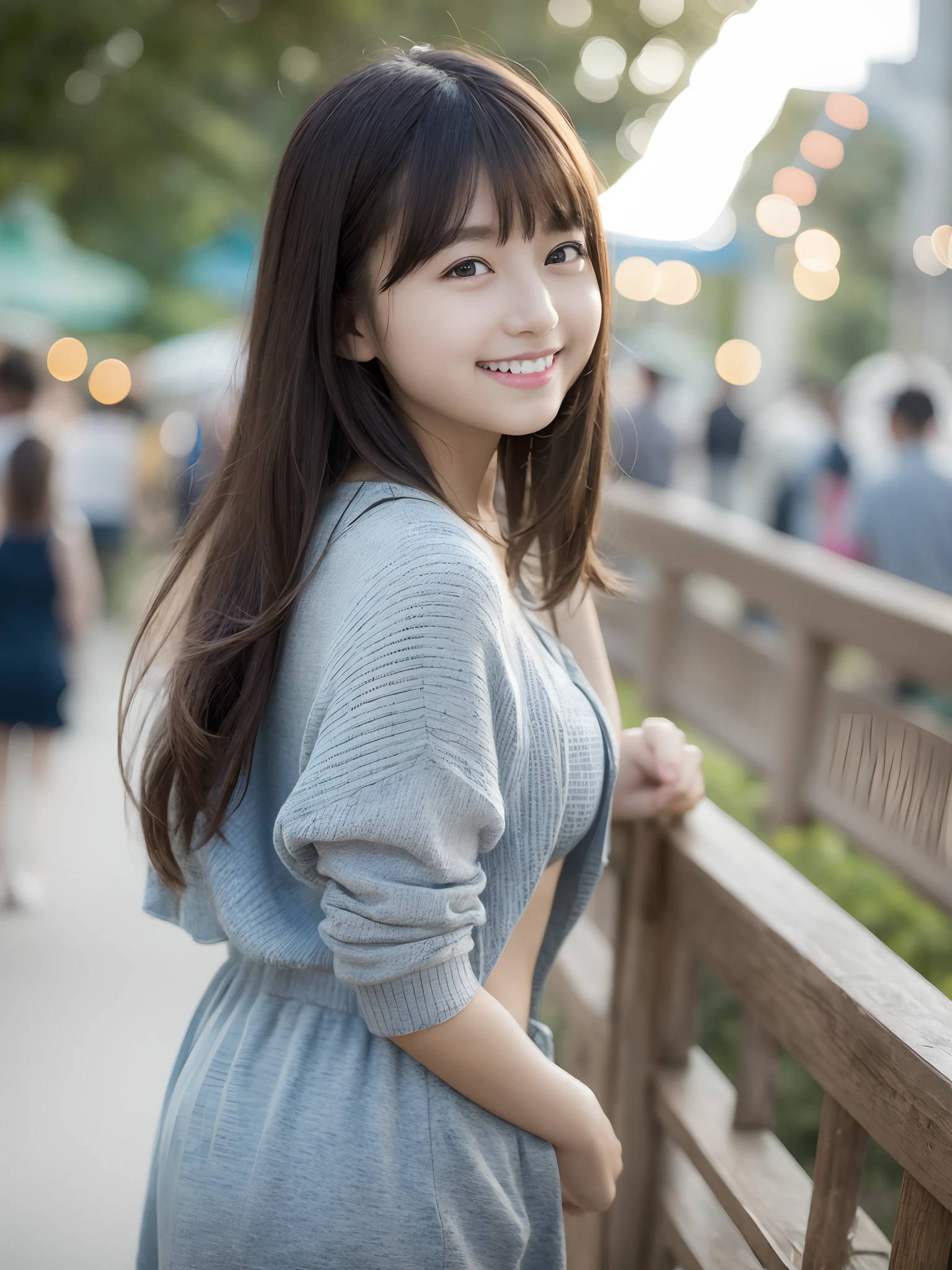 masterpiece、top-quality、Very detailed 8k wallpaper、
Cute little girl s、
girlfriend、Casual clothing、Happy smile、
An amusement park、natta、细致背景、From Side、realisitic、Live action、Summer style、Happy smile
