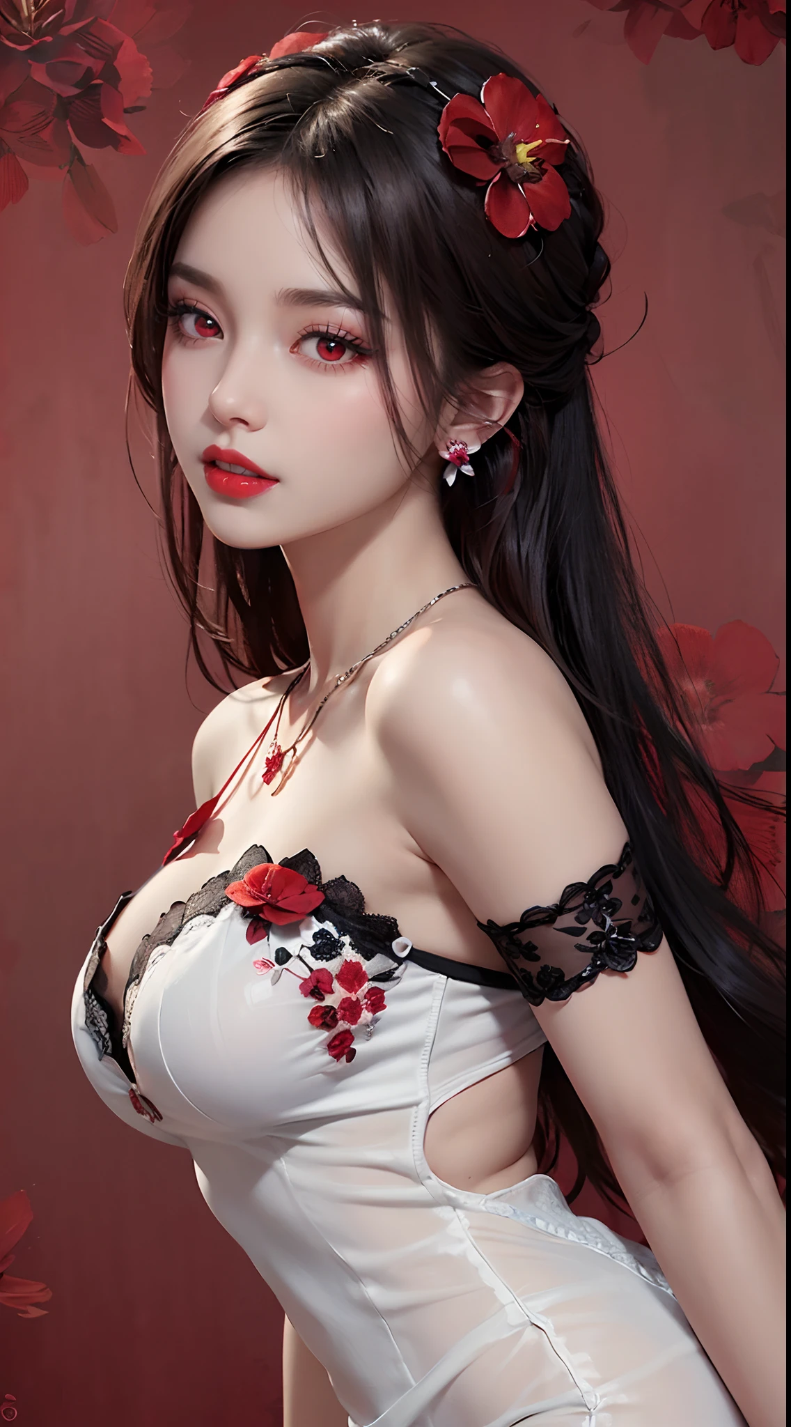 1 beautiful and attractive 20 year old girl, ((wearing an ultra-thin red dress with diamonds: 1.6)), ((long platinum hair: 1.8)), bangs, elaborate jewelry made from gems and bangs beautiful hair, ((wearing a black lace necklace:1.4)), noble, noble style of an extremely beautiful girl, super cute small face, very pretty face, eyebrows sparse, beautiful, flawless face, ((black eye pupils: 0.8)), very pleasing to the eye, ((light red eyes: 1.5)), beautiful makeup and hair, detailed eyelashes, wet eye makeup, high nose, earrings, red lips, ((closed mouth: 1.5 )) beautiful lips, slim hands, most beautiful thighs, rosy face, clean face, flawless beautiful face, white skin smooth, ((big breasts: 1.5)), ((high breasts: 1.6)), firm breasts, nice cleavage, ((super round breasts: 1.5) ), ((super tight breasts: 1.5)), breasts beautiful, ((shoulder width: 1.6)), beautiful breasts, thin black mesh stockings with black lace trim, perfect body, 8k photo, super high quality, super realistic, super 10x pixels, optical research, lighting studio, edge lighting, two-tone lighting, (high detail skin: 1.2), ultra 8k, soft lighting, high quality, volumetric lighting, optical, high resolution optical, lighting bright, best photo, 4k, 8k quality, blur effect, smooth sharpness, 10 x pixels, ((red flower background:1.7)), aurora, lightning, ultra-realistic graphics, original most realistic drawing, alone, solo, extremely sharp, surreal image, upper body of the girl , (((frontal portrait: 1.8)))."